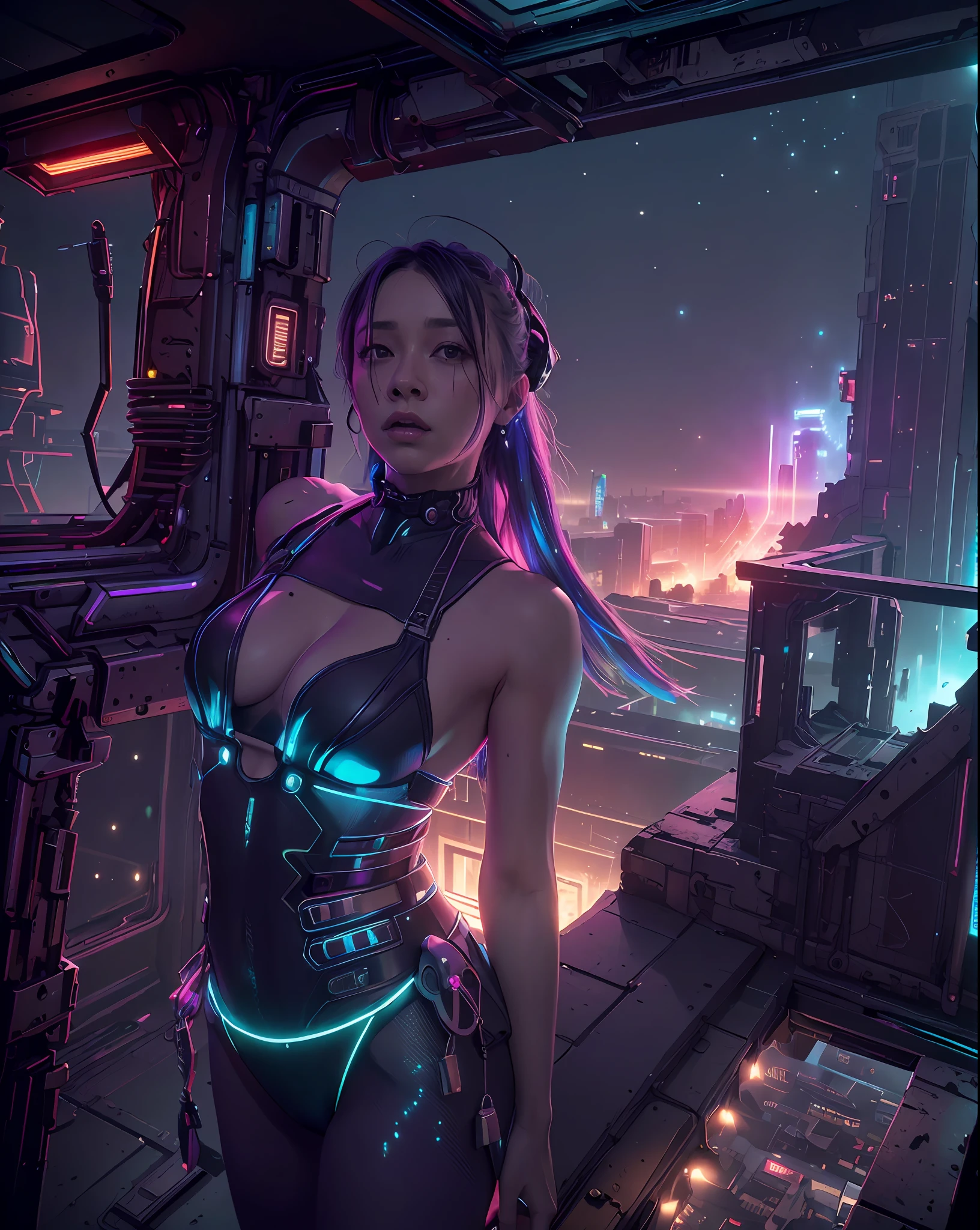 A city cyberpunk, (Firefly:1.2), lot of purple and orange, intricate details, volumetric lighting BREAK (masterpiece:1.2), (best quality), 8k, ultra-detailed, highly detailed, colorful details,( iridescent colors:1.2), (glowing lighting, atmospheric lighting), milkyway, Anti Aliasing, FKAA, TXAA, RTX, SSAO, (solo:1.2) --auto --s2