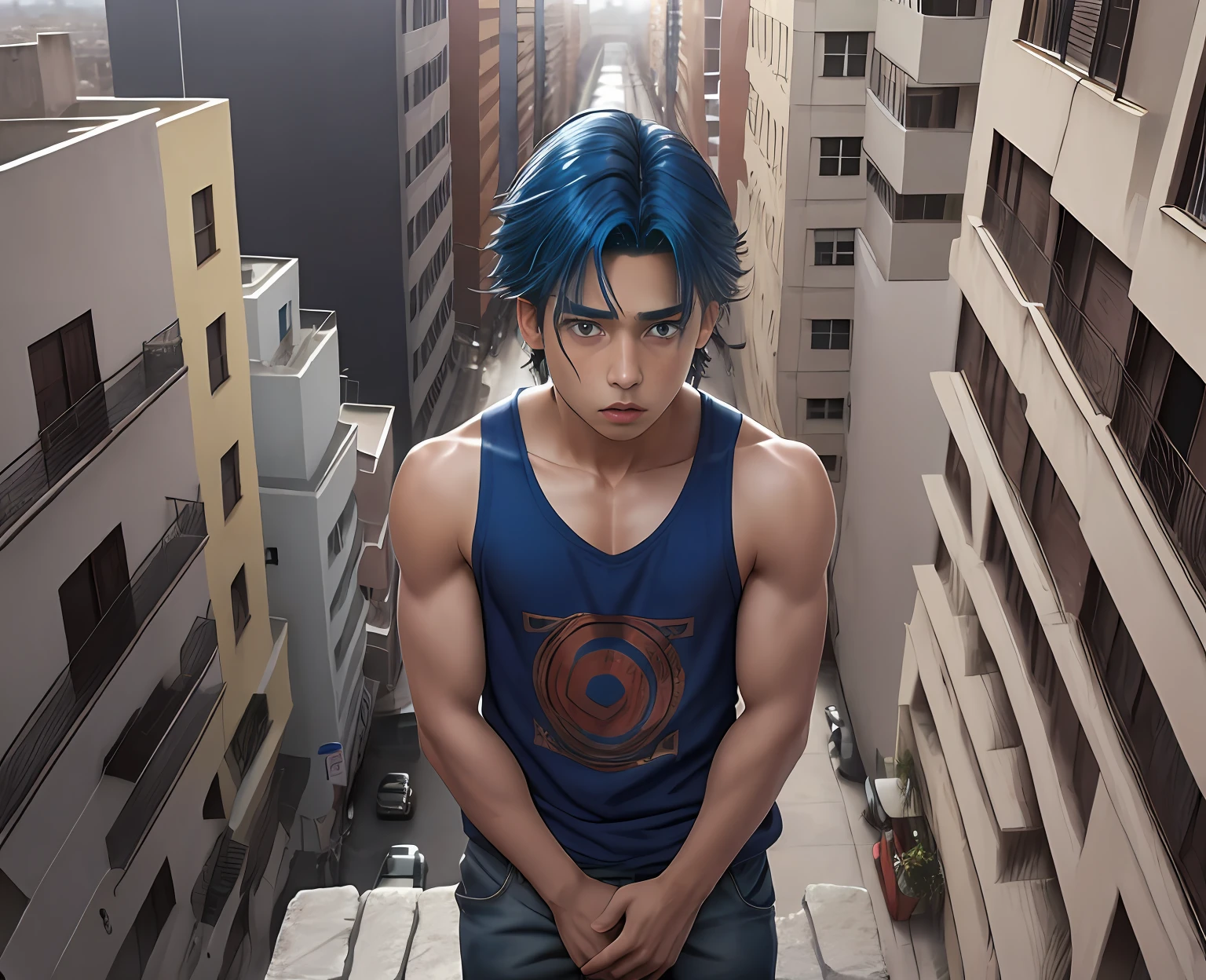 cabelo color azul, cabello lacio, 15-year-old boy, mestizo sin ropa dorso descubierto cabello de color azul, ojos azules , mira ala ciudad, Anime image of a 15-year-old man on top of a building in New York , esta mirando triste desconcertado la ciudad, desde lo alto de una escuala., cabello azul rostro mestizo, ojos azules,sin camisa atuendo tribal egipcio, egipcia antigua mirando desde lo alto de una escuela secundaria a una ciudad triste muy lejana , , Screenshot of anime movie