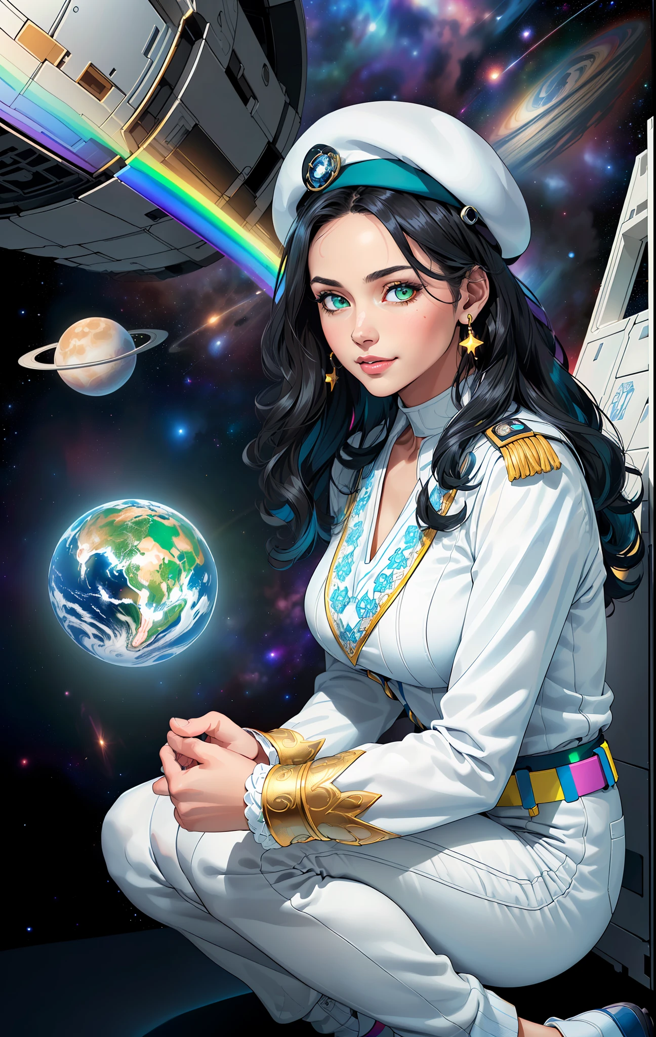 (((((1Young woman))), the anime, Green eyes, (black hair), Nice face, ssmile, the perfect body, Wavy Hair, hairlong, (((morena))), big breastes, ((tmasterpiece, beste-Qualit)), illustartion, ультра детализированная 8k, Photorealistic, sharp-focus, higly detailed, Professional lighting, colorful details, Rainbow colors, Glowing, intricate detials, Vivid details, (white blouse), (Blue tunic), (white trousers), outer space, Planet, the stars, a space ship , Blue beret on his head, Shoes