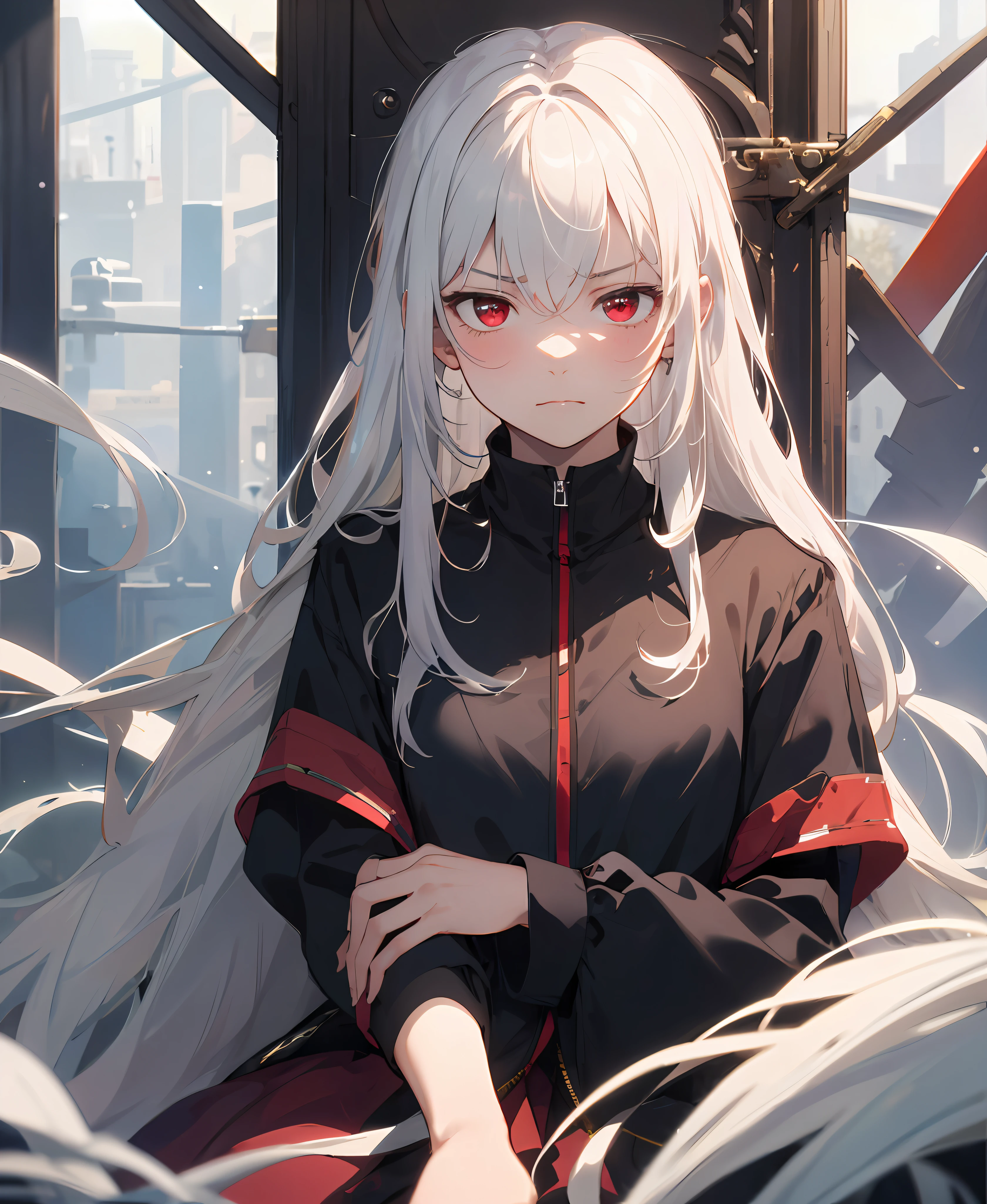 (masterpiece, best quality, high quality), 1girl, ((unimpressed)), sitting, looking at viewer, white hair, (long hair, disheveled hair), red eyes, :(, flowing hair