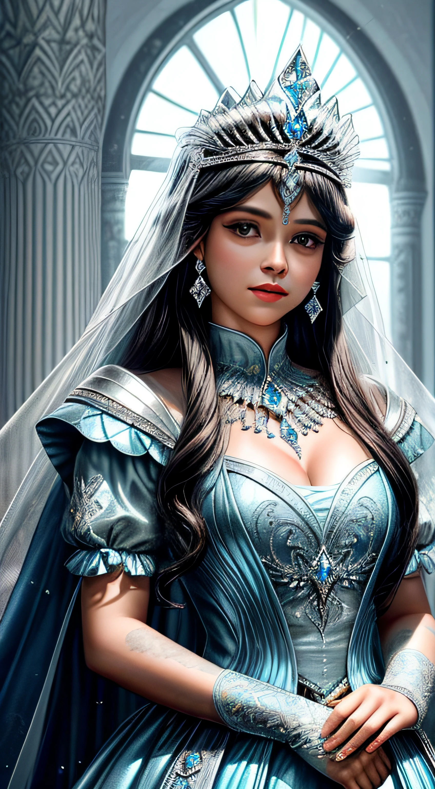 A closeup of a TIA with blue and white crystals on a black surface, tiara com safira, Coroa de joias, coroa de joias, tiara azul, coroa ornamentada joias, Crown of the Silver Prince, coroa de cristal, coroa real, coroa de engrenagens azuis e diamantes, realeza enfeitada e incrustada, usando uma coroa de diamantes, coroa de prata, Coroa da Rainha