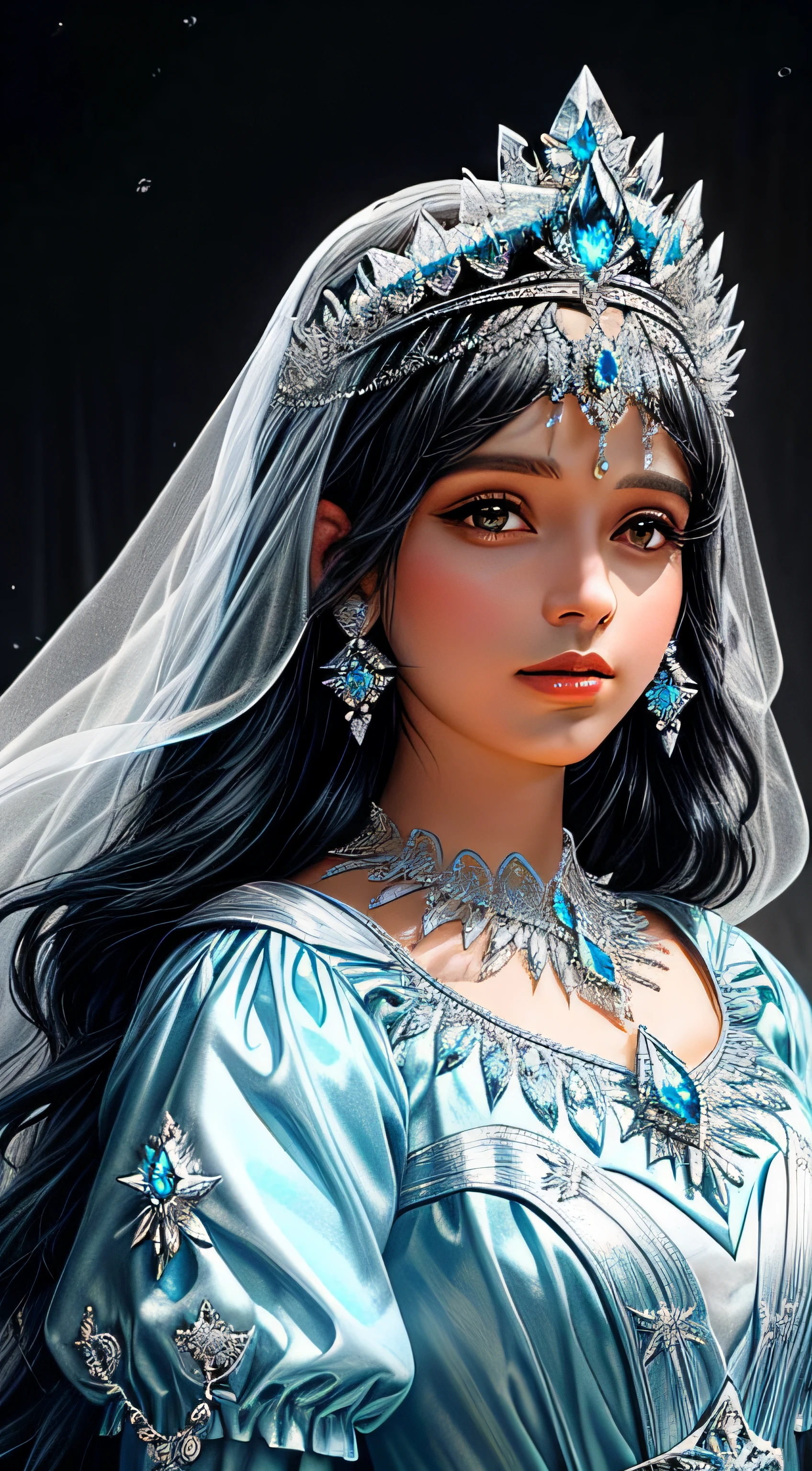 A closeup of a TIA with blue and white crystals on a black surface, tiara com safira, Coroa de joias, coroa de joias, tiara azul, coroa ornamentada joias, Crown of the Silver Prince, coroa de cristal, coroa real, coroa de engrenagens azuis e diamantes, realeza enfeitada e incrustada, usando uma coroa de diamantes, coroa de prata, Coroa da Rainha