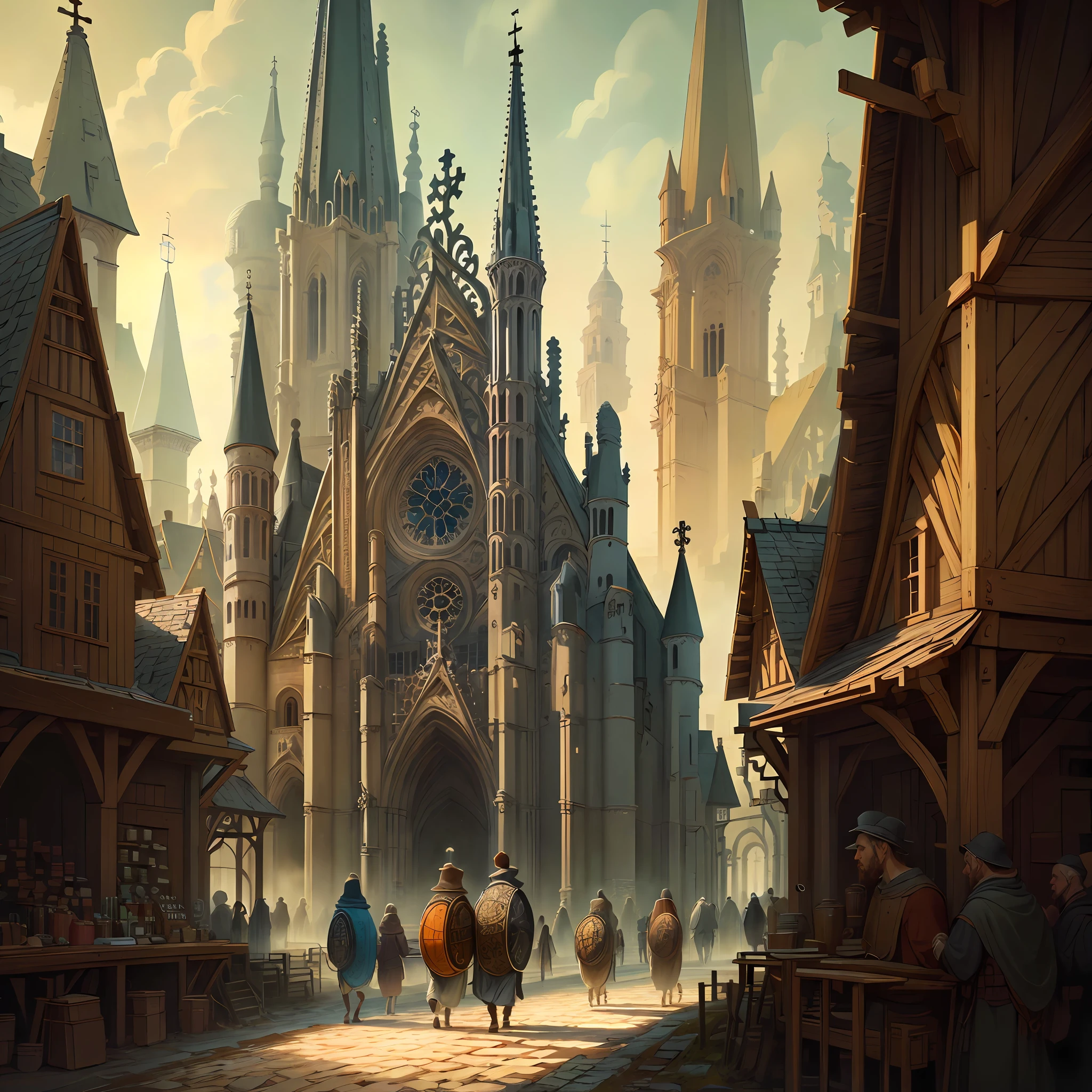 Beautiful illustration of a medieval cathedral, medieval folk walking the streets, detailed, intricate.