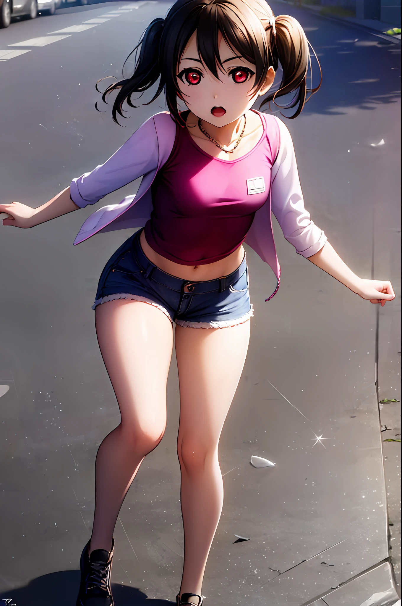 Yazawa nico, twintails,red eyes,((medium breast, tomboy girls, small head)), daylight, sunlight, (chiseled abs : 1.1), (perfect body : 1.1), (short wavy hair : 1.2) , auburn hair, collar, chain, full body shot, crowded street, wearing black tanktop, jeans jacket, ((shorts)), (extremely detailed CG 8k wallpaper), (an extremely delicate and beautiful), (masterpiece), (best quality:1.0), (ultra highres:1.0),  beautiful lighting ,perfect lightning, realistic shadows, [highres], detailed skin, ultra-detailed