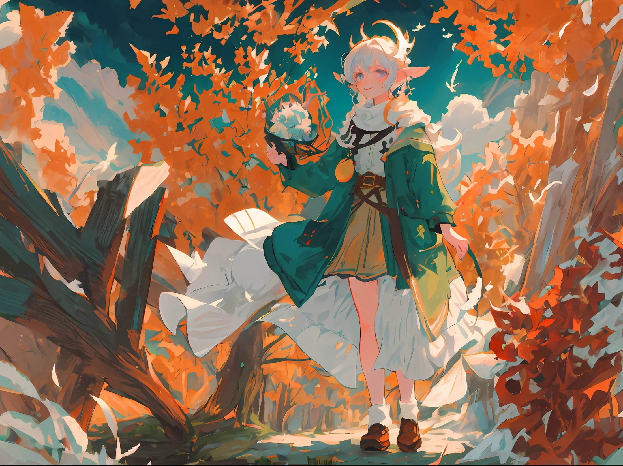 （Beautiful illustration，HighestQuali，quadratic element），Young 19 years old，Maiden with antlers，Blue hair，eBlue eyes，Cheerful expression，Vibrant, saturated hues，Clear sky and visible horizon。In the middle of a birch forest