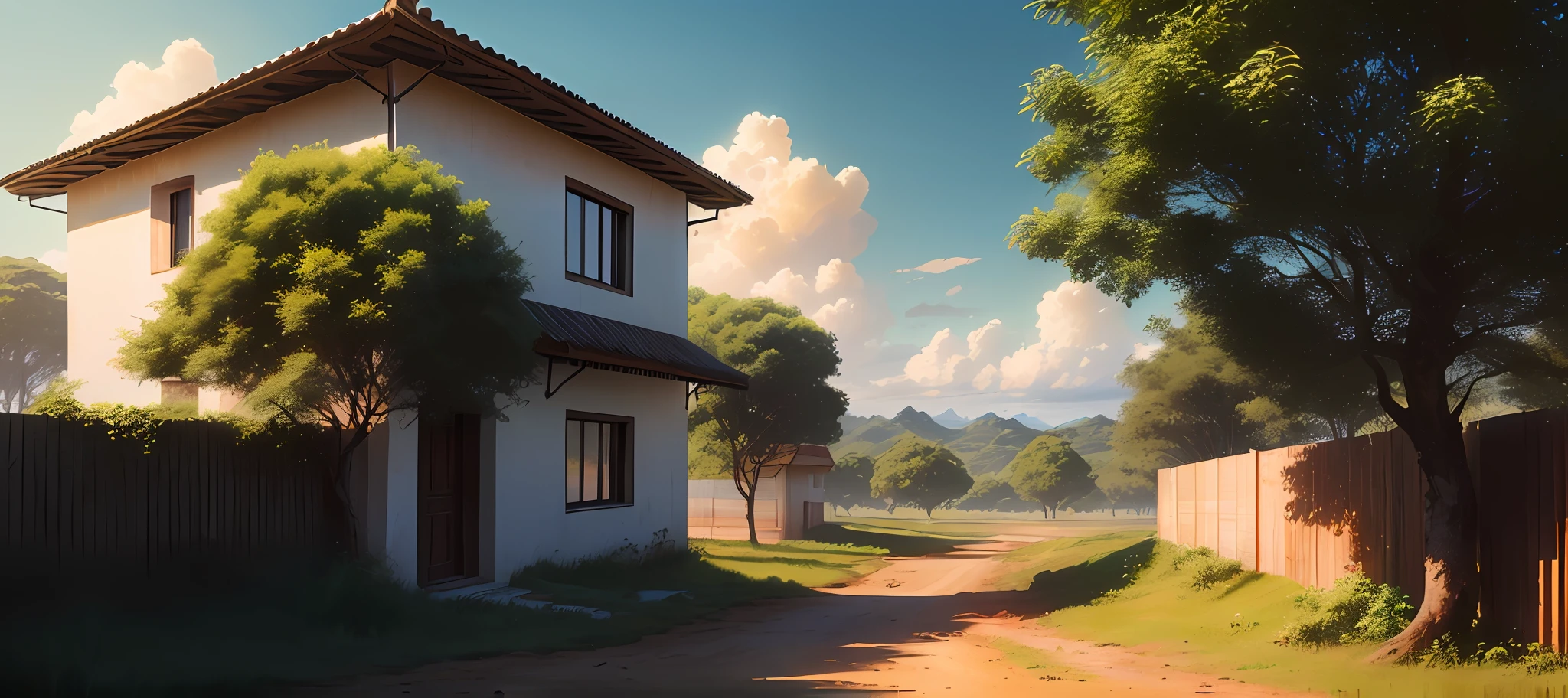 Uma fazenda, grama verde, casa simples ao fundo, nuvens, sol, animais ((8k)) ((paisagem linda)) ((realismo))
