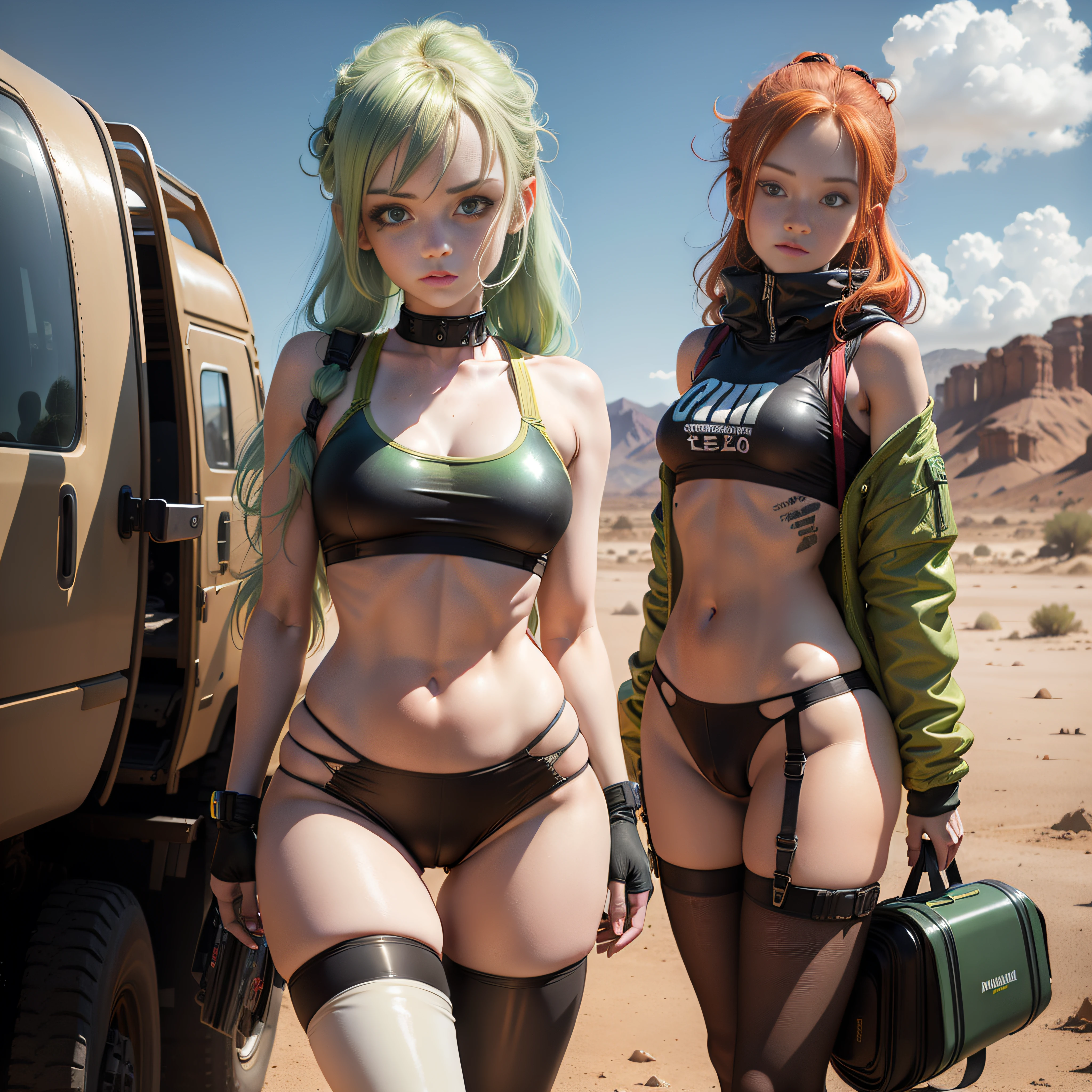 cute redhead woman in twin tails, multiple rainbow colored hair, sky-blue eyes, happy, Ukrainian, petite, pale skin, wearing a green metallic color bikini ((camel toe)), (translucent black pantyhose on her legs only), post apocalyptic background, bleak barren desert, photo realistic woman, only one woman.