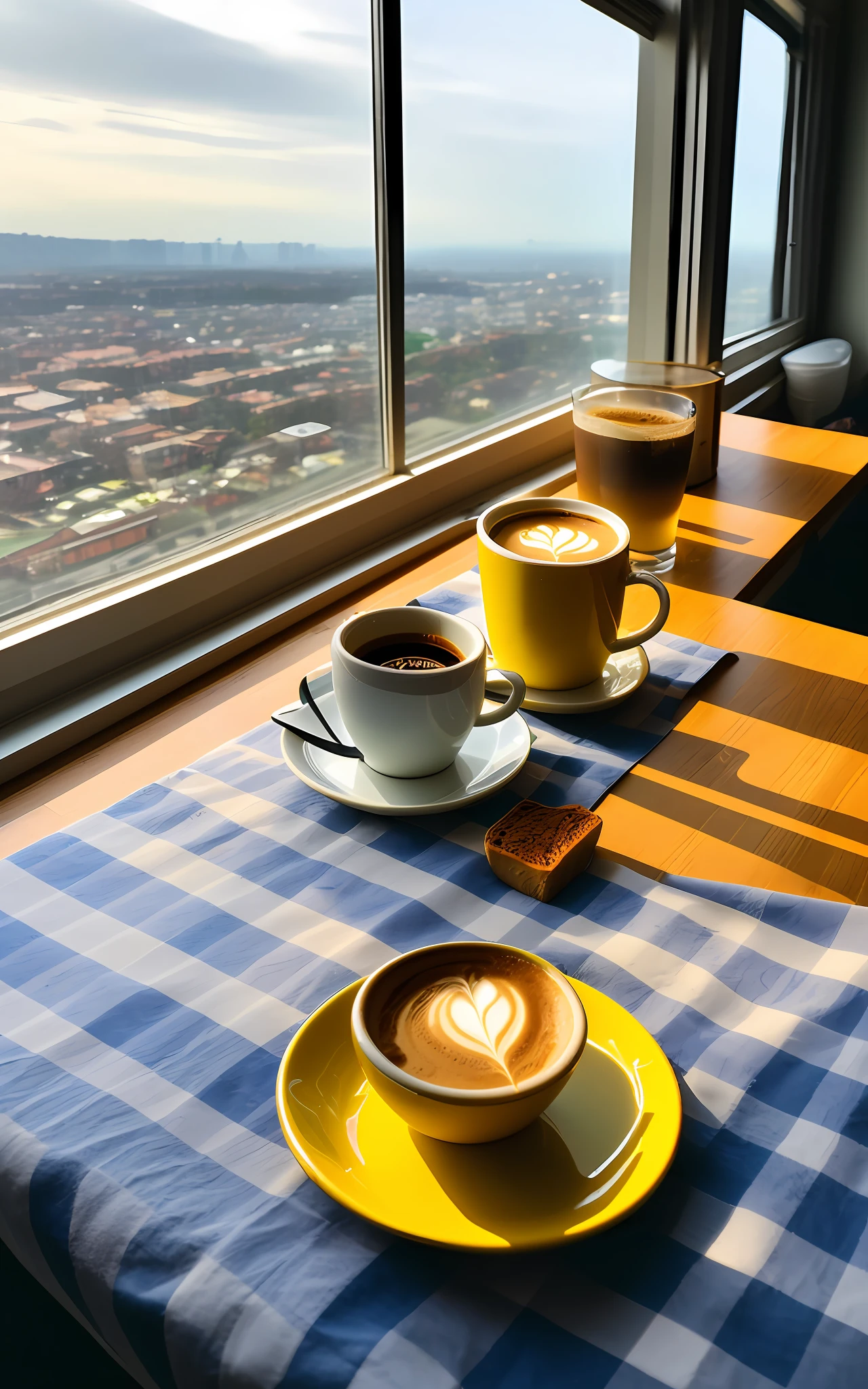 POV Photos。toast、coffee、fruit。breakfast。shot from top。Calm morning、Clean apartment room、Round table on the windowsill、Tablecloth with yellow gingham check、Inside the background、Shot with iPhone 13