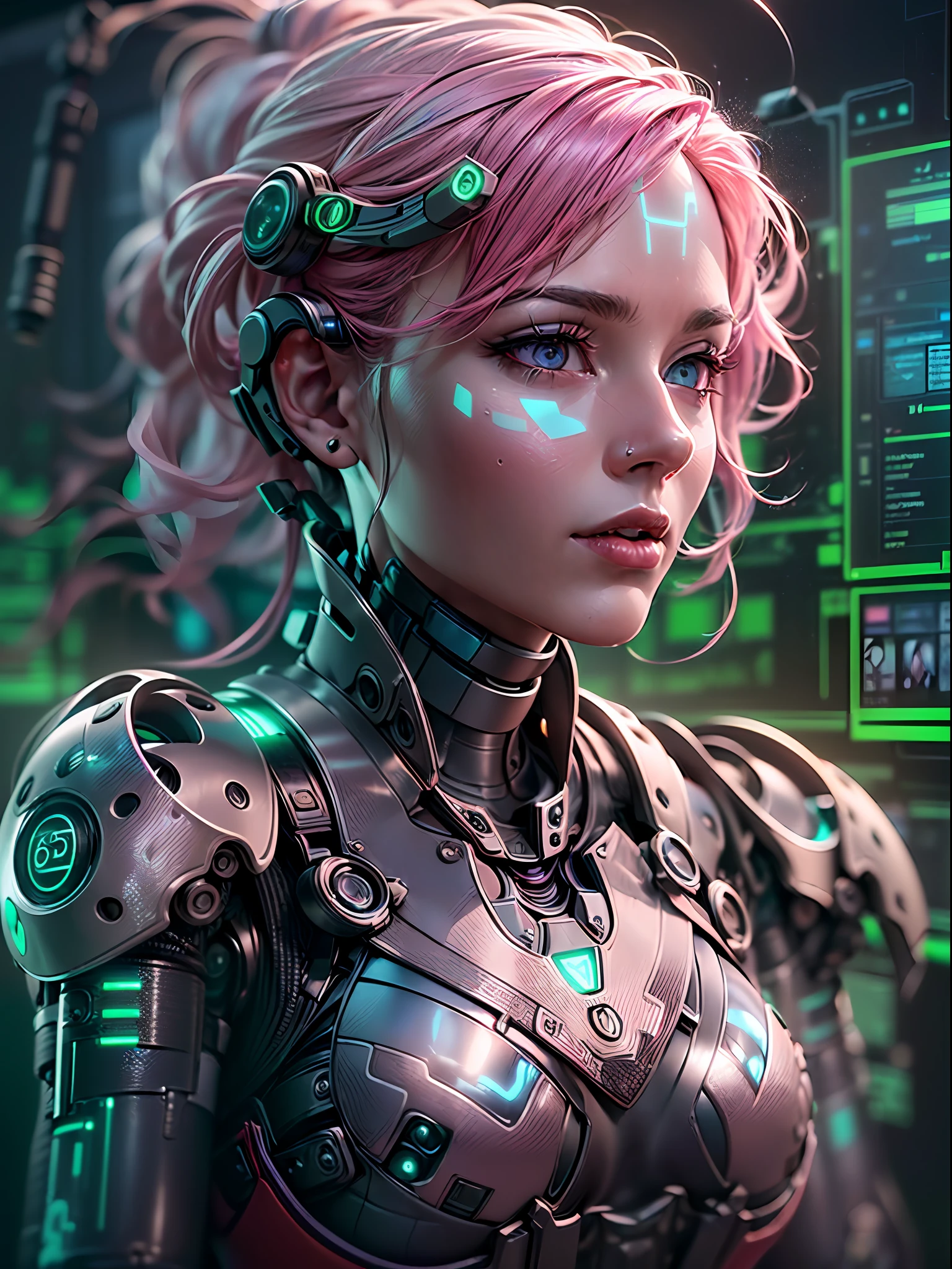 (masterpiece, high resolution, CGI:1.4), (depicting a captivating woman with vibrant pink hair and mesmerizing eyes that shimmer in a captivating blend of green and blue:1.3), (her eyes glowing with an otherworldly light:1.2), (metallic and robotic components integrated throughout her body:1.2), (seamlessly fusing with her organic form:1.2), (delicate circuits and intricate patterns running beneath her skin:1.2), (enhanced robotic limbs with seamless movement:1.2), (her fingers adorned with precision-enhancing cybernetics:1.2), (Canon EOS R5 mirrorless camera:1.2), (paired with a Canon RF 85mm f/1.2L USM lens:1.2), (capturing the finest details of her cybernetic enhancements:1.2), (the laboratory setting designed with a futuristic and minimalistic aesthetic:1.2), (sleek and polished surfaces reflecting the glow of holographic displays:1.2), (floating holographic data screens surrounding her:1.2), (subtle neon lights casting an ethereal glow across the room:1.1), (advanced AI assistants interacting with the environment:1.1), (a mesmerizing CGI render of a woman embracing the merging of human and machine in a captivating future:1.2).