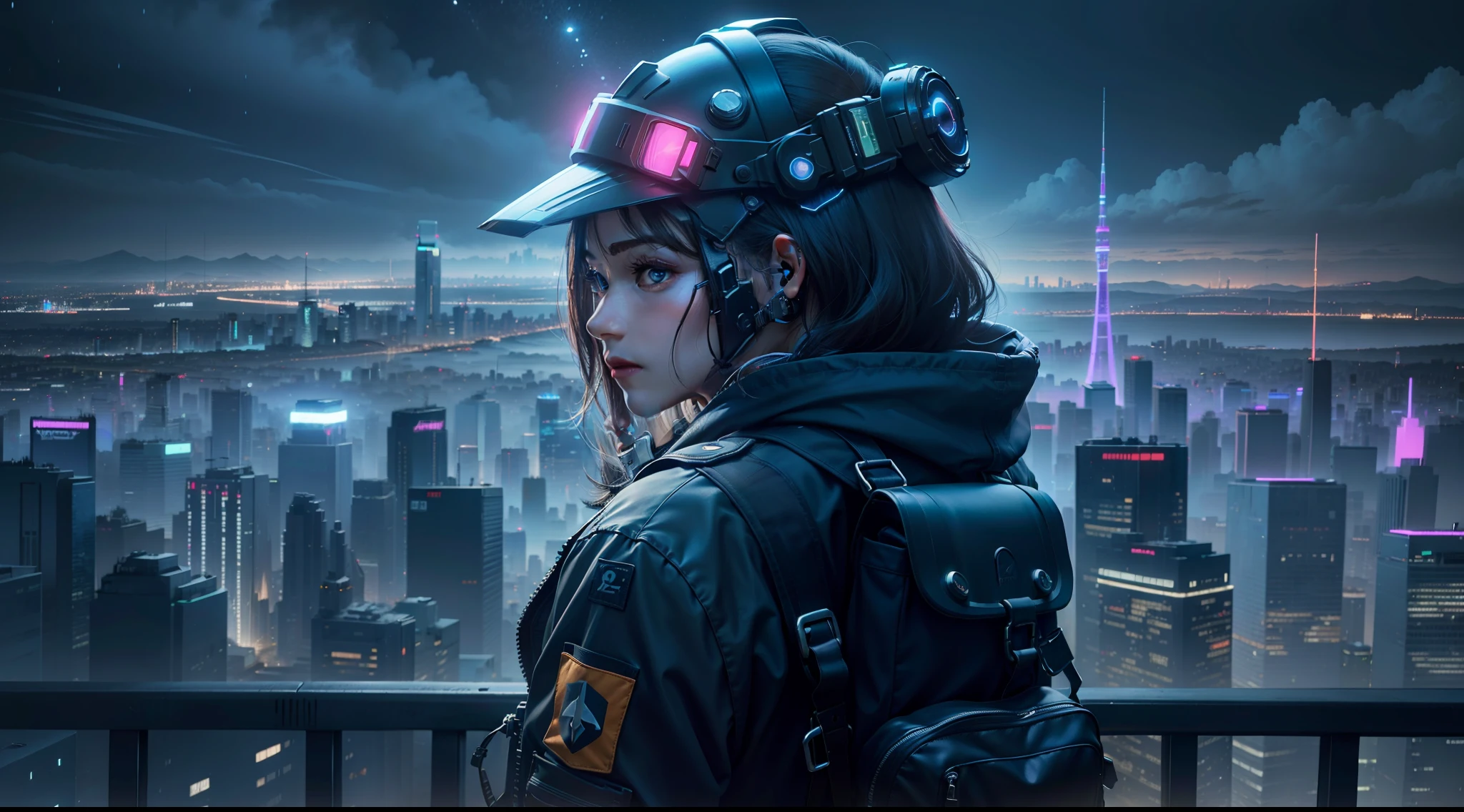 ultra-realista, homem, cyberpunk, cidade ao fundo, standing looking at the city from atop a building, futurista, mochila nas costas, Cybernetic helmet, noite, Mystery weather, Blue setting, --q2