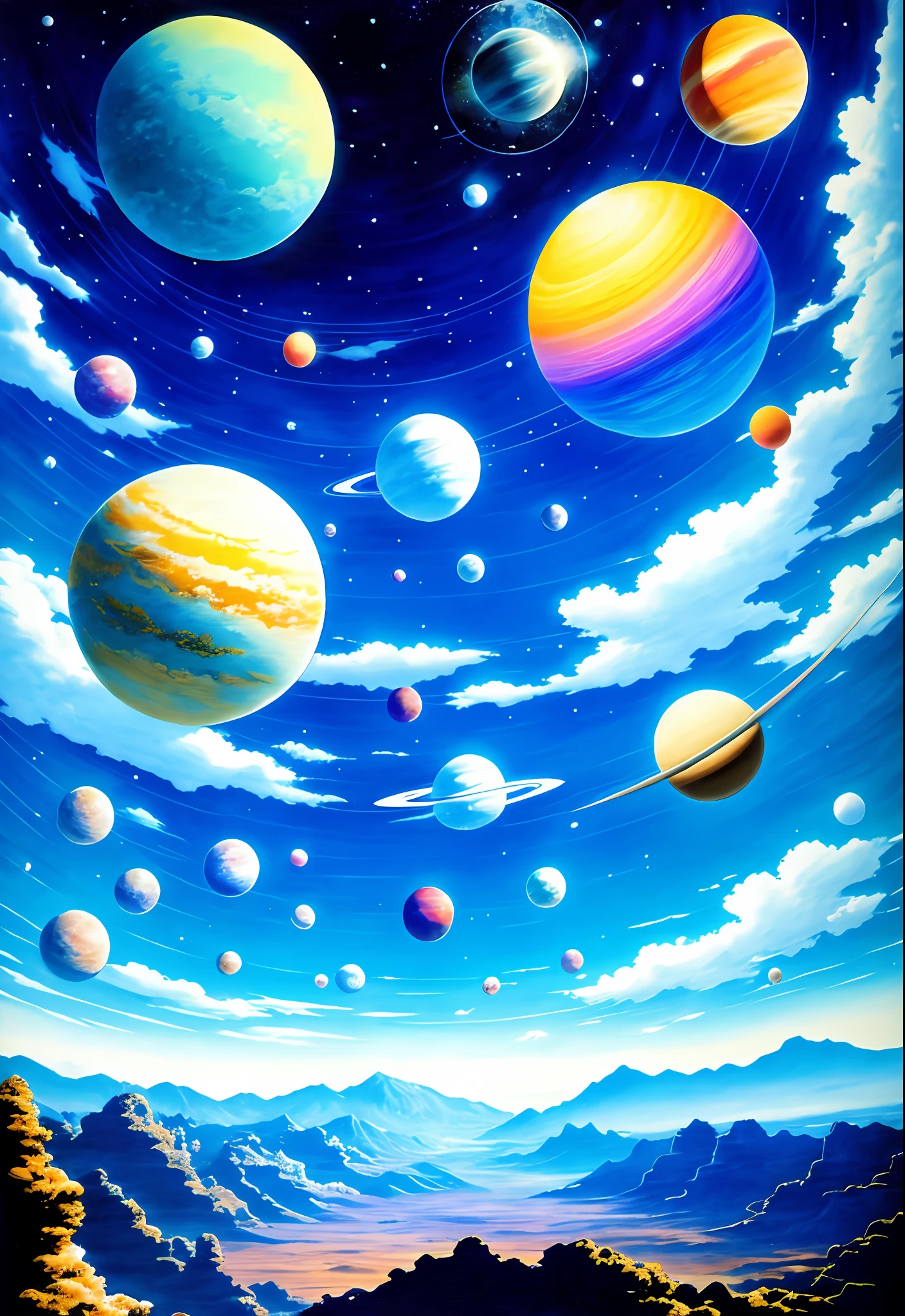 paisagem surreal, fiction, Planets in the blue sky, estilo anime, textura a oleo tinta