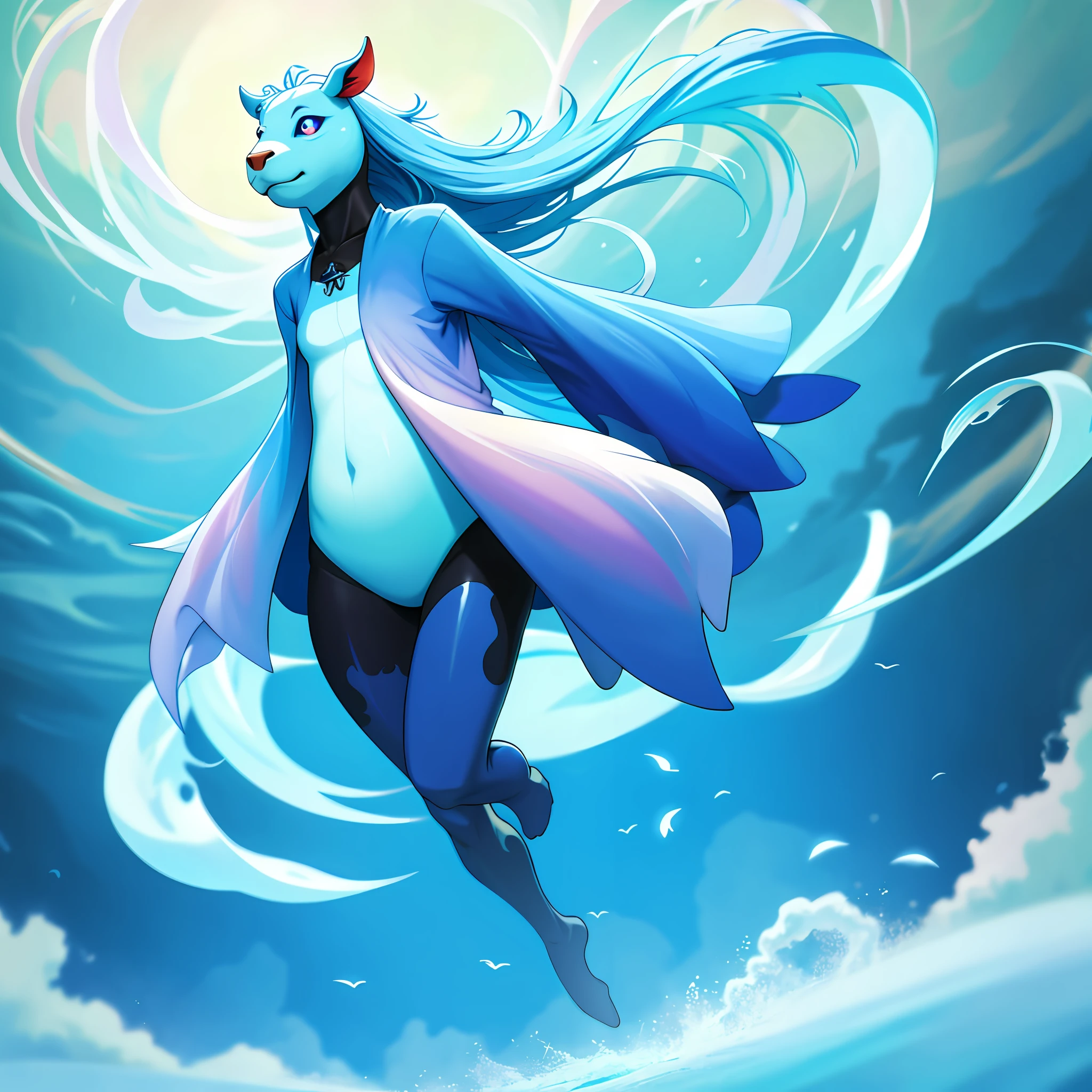 Bipedal creature resembling a sky-blue cow, one big eye, ghostly and floating, ghostly swirls all around , masterpiece, best quality