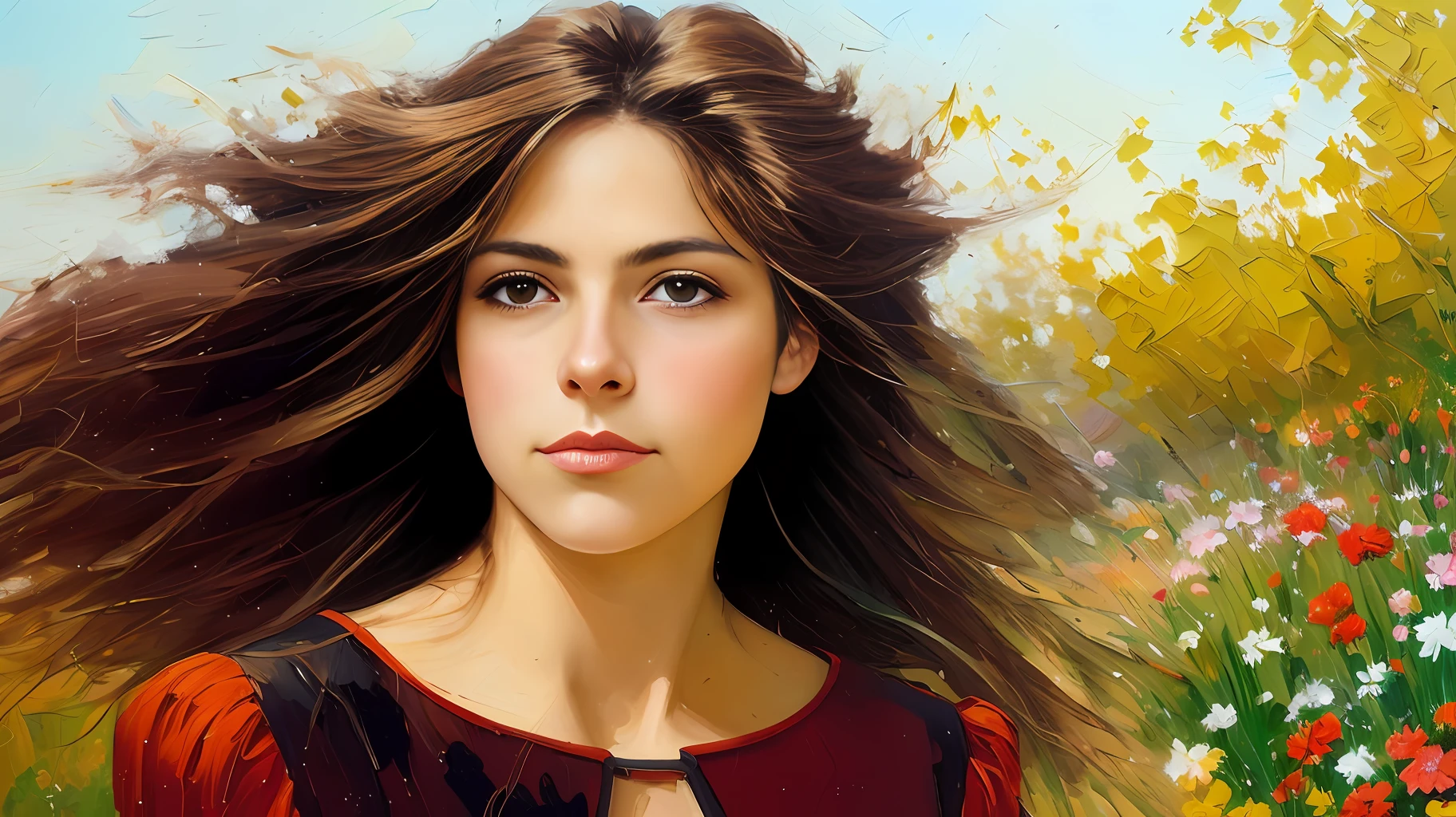 oil painting of 1 woman , closeup shot, dress, wind blown hair, long hair, garden
impressionism ,
by John Berkey