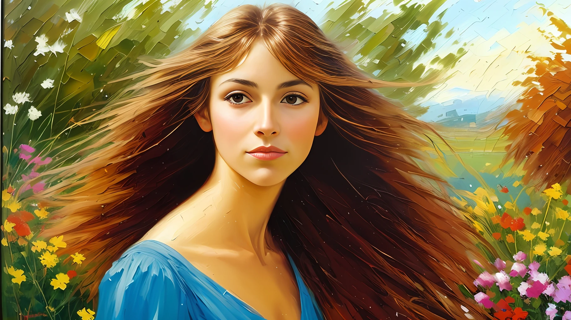 oil painting of 1 woman , closeup shot, dress, wind blown hair, long hair, garden
impressionism ,
by John Berkey