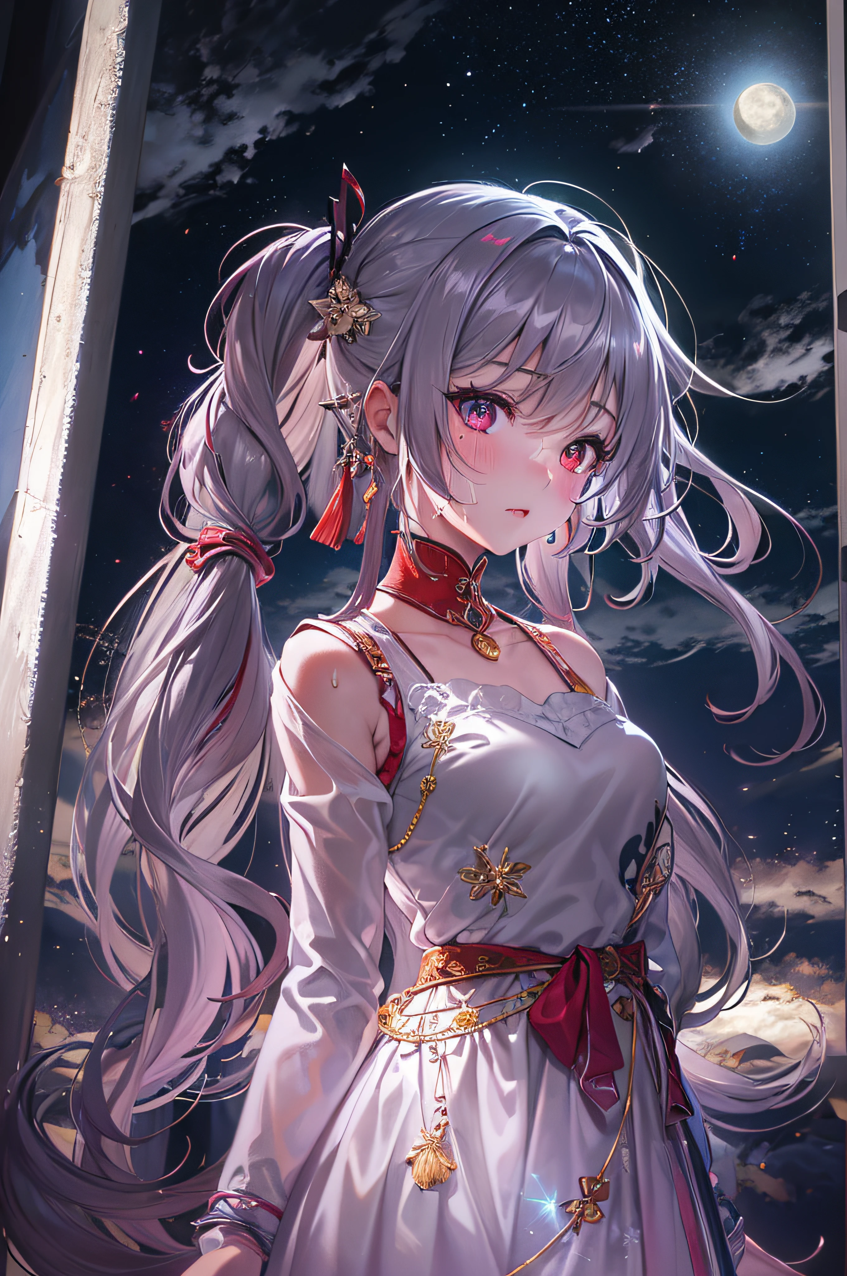 (masterpiece, top quality, best quality, official art, beautiful and aesthetic:1.2), (1girl:1.3), (fractal art:1.3),absurd, masterpiece, best quality, realistic, hyper-detailed, (shiny skin, sweaty:1.4), looking at viewer, slender, solo,  white sneakers, white miniskirt, long hair, white hair, red eyes, heterochromia, multi coloured eyes, (thick thighs:0.5), dynamic lighting, high resolution, sharp focus, depth of field, medium breasts, masterpiece, best quality, ultra-detailed, illustration, ultra-detailed face, best quality face, adult, 1girl, 18 years old, intricate detailed outfit, sexy pose, glowing red dress, cute, kawaii, digital art, finely detailed eyes, blushing, red cheeks, realistic, purple eyes, glowing eyes, top, skirt, parted lips, blush, night, sun, sunlight, cute, kawaii, digital art, finely detailed eyes, embarrassed expression, long_hair, blushing, (highly detailed 8k wallpaper), best resolution, very_long_hair, masterpiece, semi-realistic, right hand behind head, left hand on hip, moon, star_\(sky\), starry_sky, full_moon, looking_at_viewer,