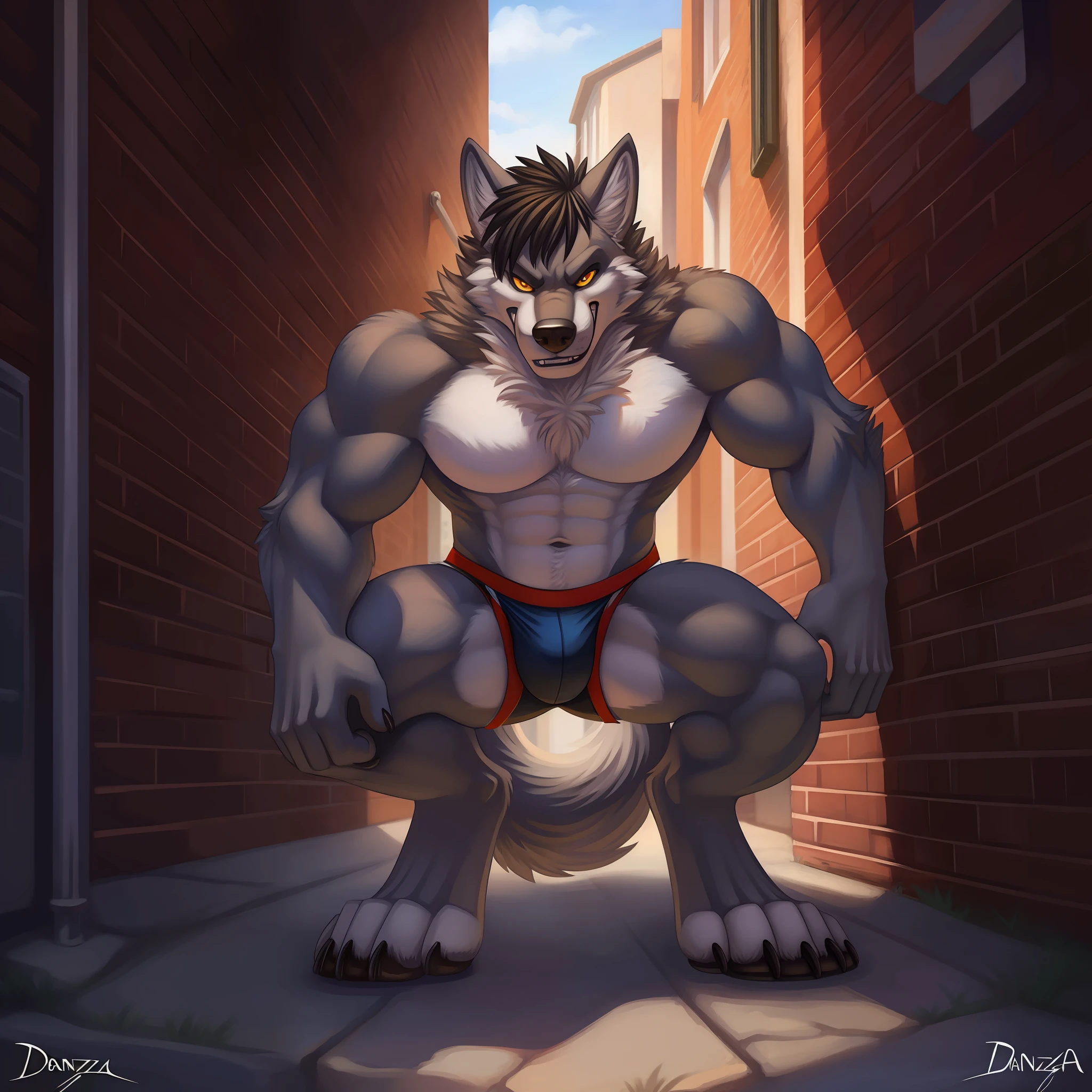 Solo, male, wolf, grey fur, black hair, muscular, jockstrap, smirking, evil expression, rape face, alleyway, by danza