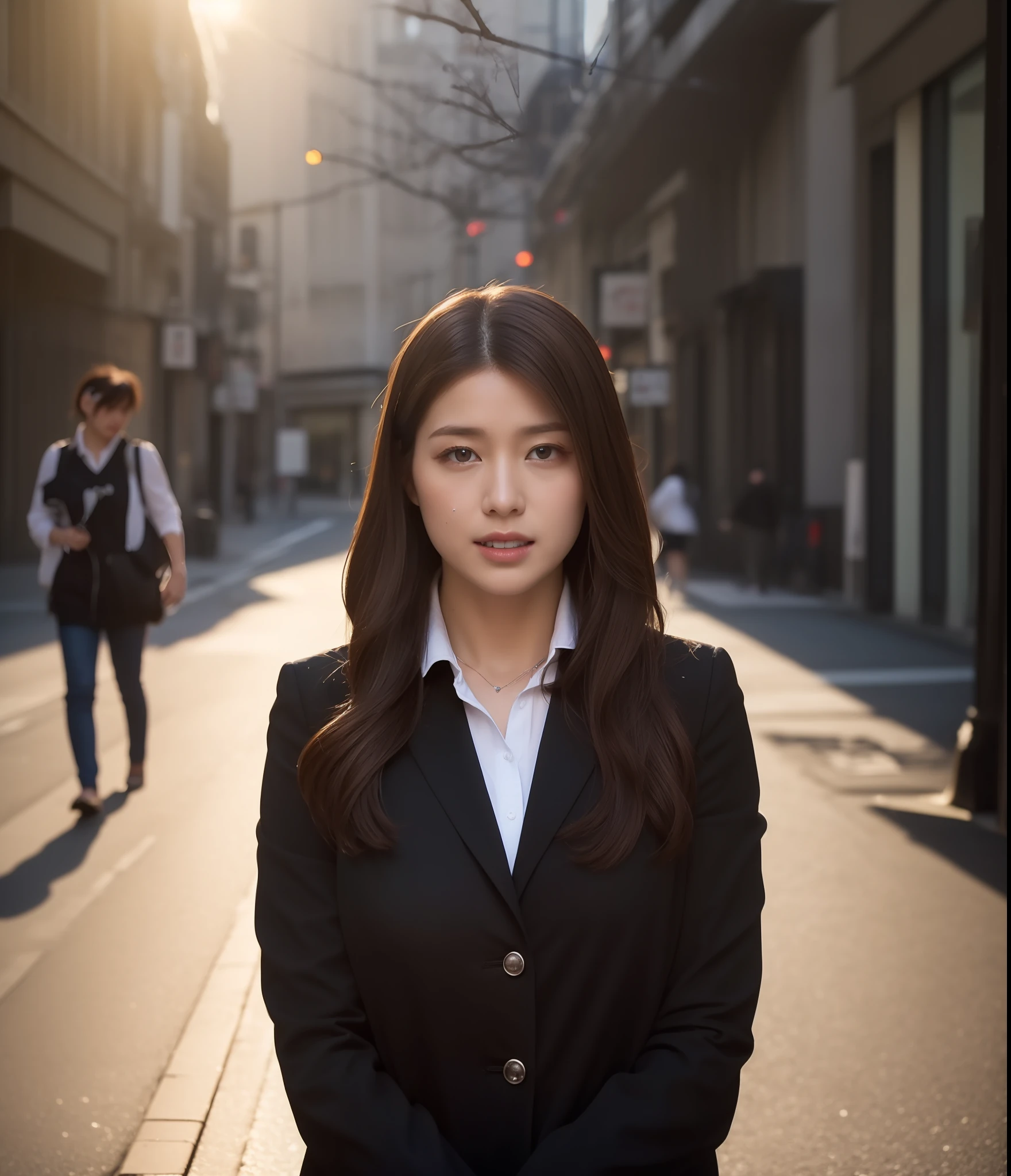((top-quality、8K、masterpiece:1.3))、foco nítido:1.2、Perfect Body Beauty:1.4、Slim abs:1.2、((dark brown hair、Colossal tits:1.2))、(natural soft light、street corner:1.2)、Highly detailed facial and skin texture、A detailed eye、二重まぶた、(((dynamic ungle))),Streets of Tokyo、Silver necklace、drooing eyes