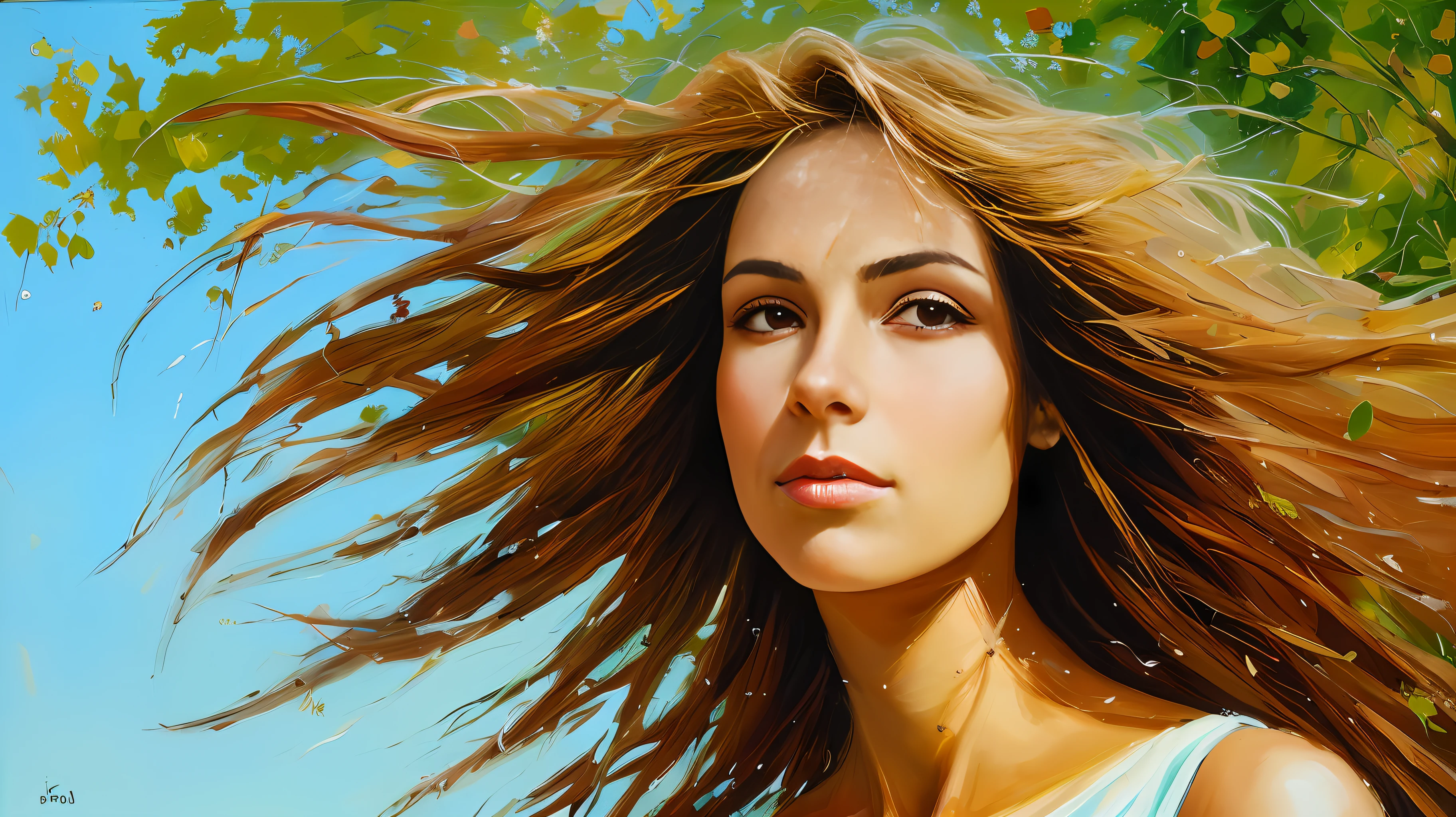 oil painting of 1 woman , closeup shot, dress, wind blown hair, long hair, garden
impressionism ,
by John Berkey