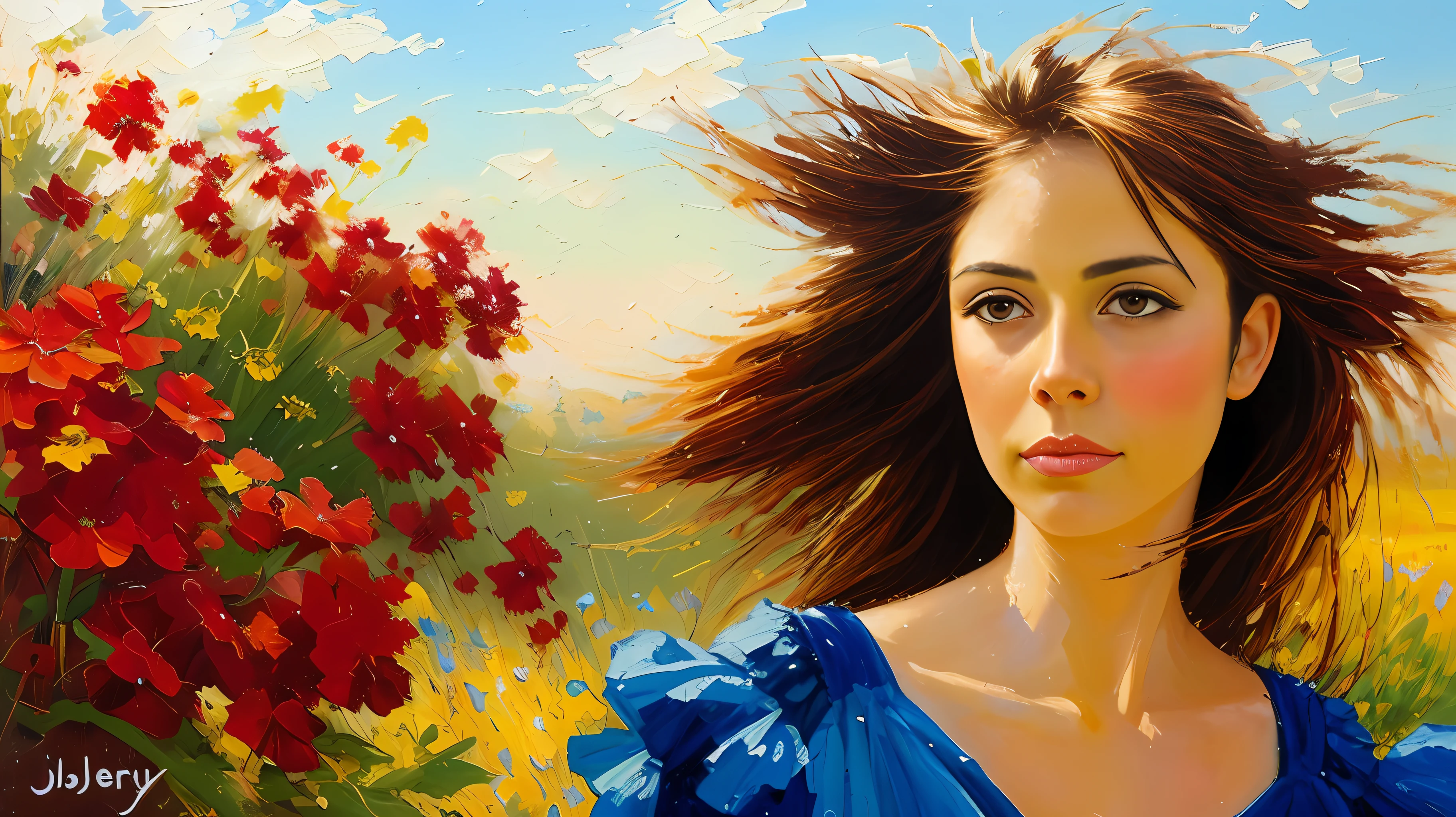 oil painting of 1 woman , closeup shot, dress, wind blown hair, long hair, garden
impressionism ,
by John Berkey