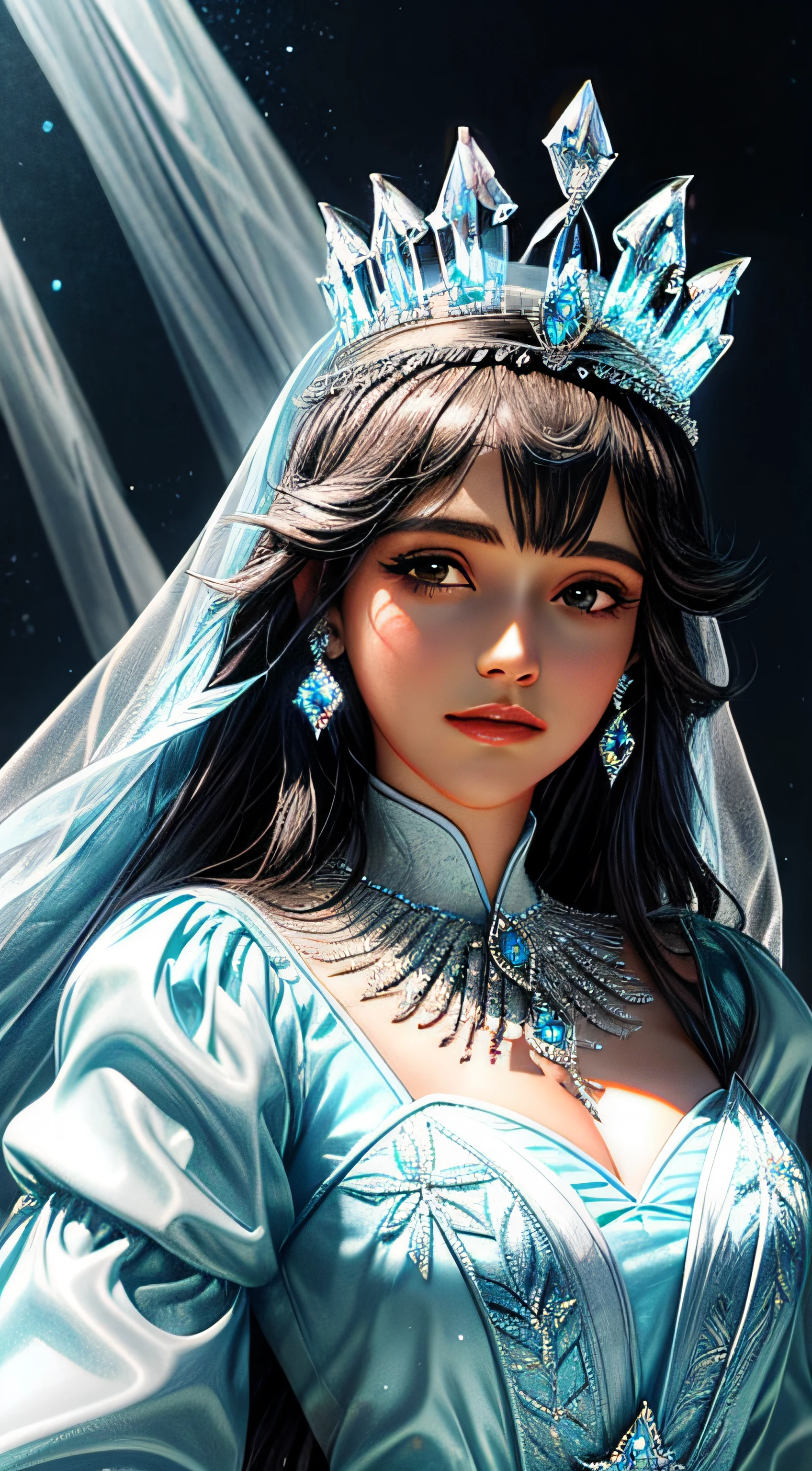 A closeup of a TIA with blue and white crystals on a black surface, tiara com safira, Coroa de joias, coroa de joias, tiara azul, coroa ornamentada joias, Crown of the Silver Prince, coroa de cristal, coroa real, coroa de engrenagens azuis e diamantes, realeza enfeitada e incrustada, usando uma coroa de diamantes, coroa de prata, Coroa da Rainha
