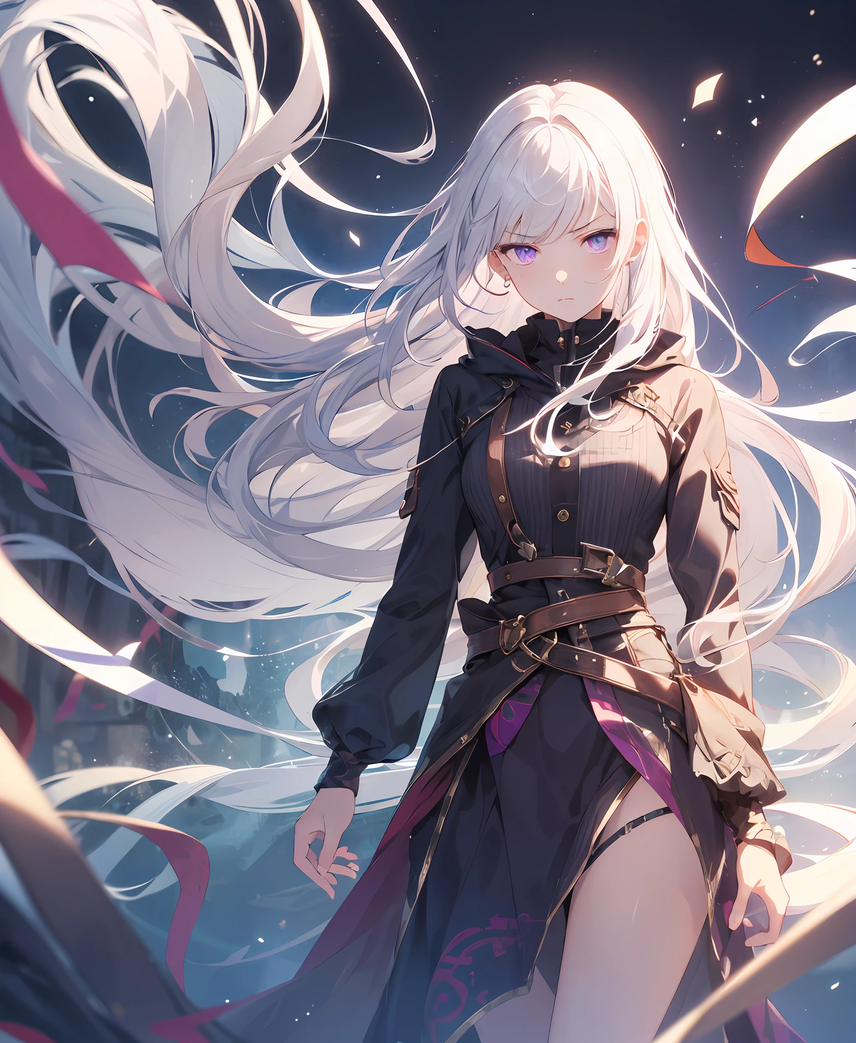 (masterpiece, best quality, high quality), 1girl, ((unimpressed)), standing, looking at viewer, white hair, (long hair, disheveled hair), purple eyes, :(, flowing hair