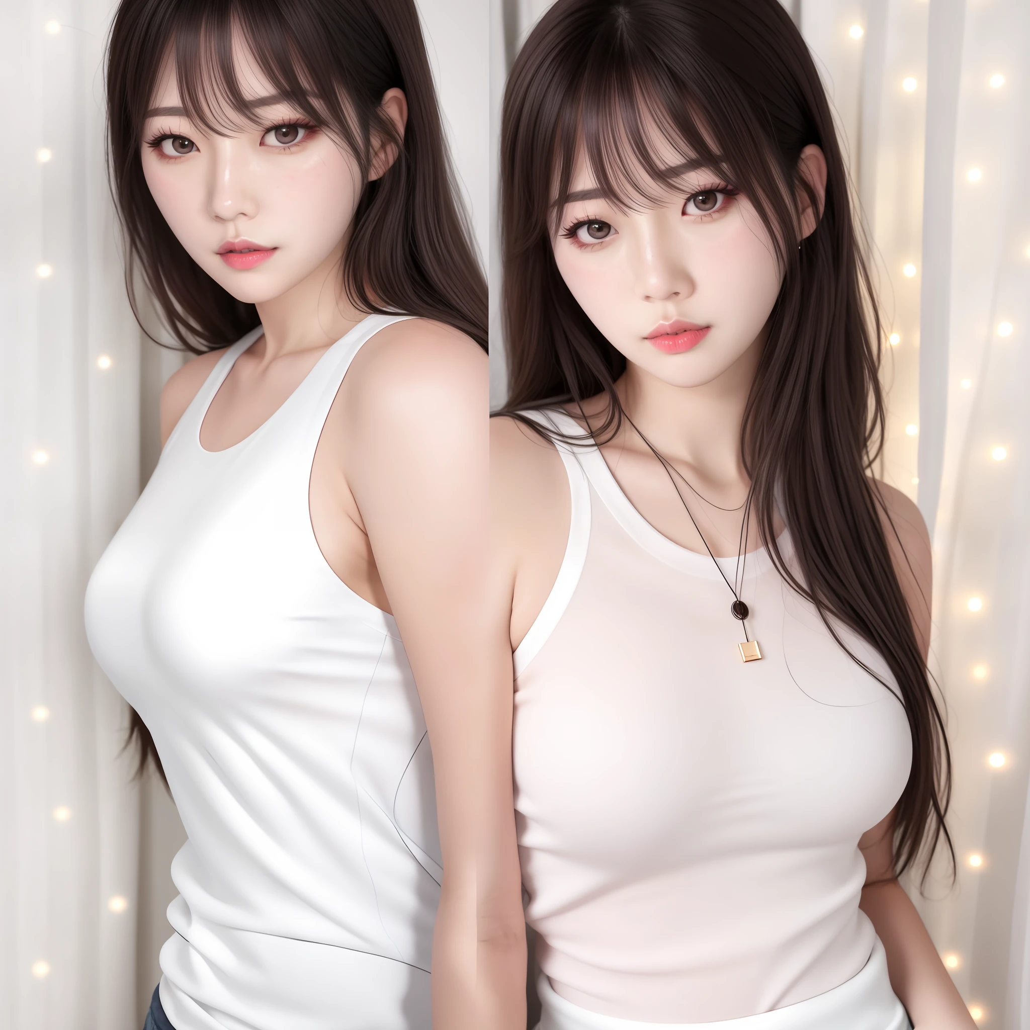 photo of (raw photo:1.2), (photorealistic:1.4), (Kpop idol), korean, beautiful, shiny skin, freckles, oil skin, white skin, whiter skin, long hair, upper body, white tank top, tank top, hand behind back, brown eyes, brown hair, light smile, looking at viewer, curtain background,pink lips, lips with lipstick,light blush, parted lips, bigger eyes,brown eyes,