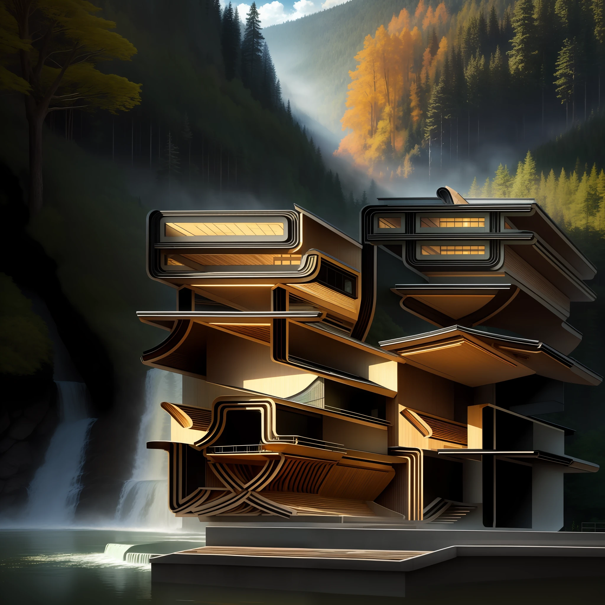 analogue style,Majestic river,Trees on both sides,small waterfalls,dense fog,award winning photography,A detailed,hdr,full bloom,Golden tree、Pissarro and Sisley,Trends on ArtStation,Villa in a forest valley,Double storey white maple villa,Bright villa with transparent glass,Stairs lead up to the first floor,Connect hydrophilic platforms,The art of midjourney