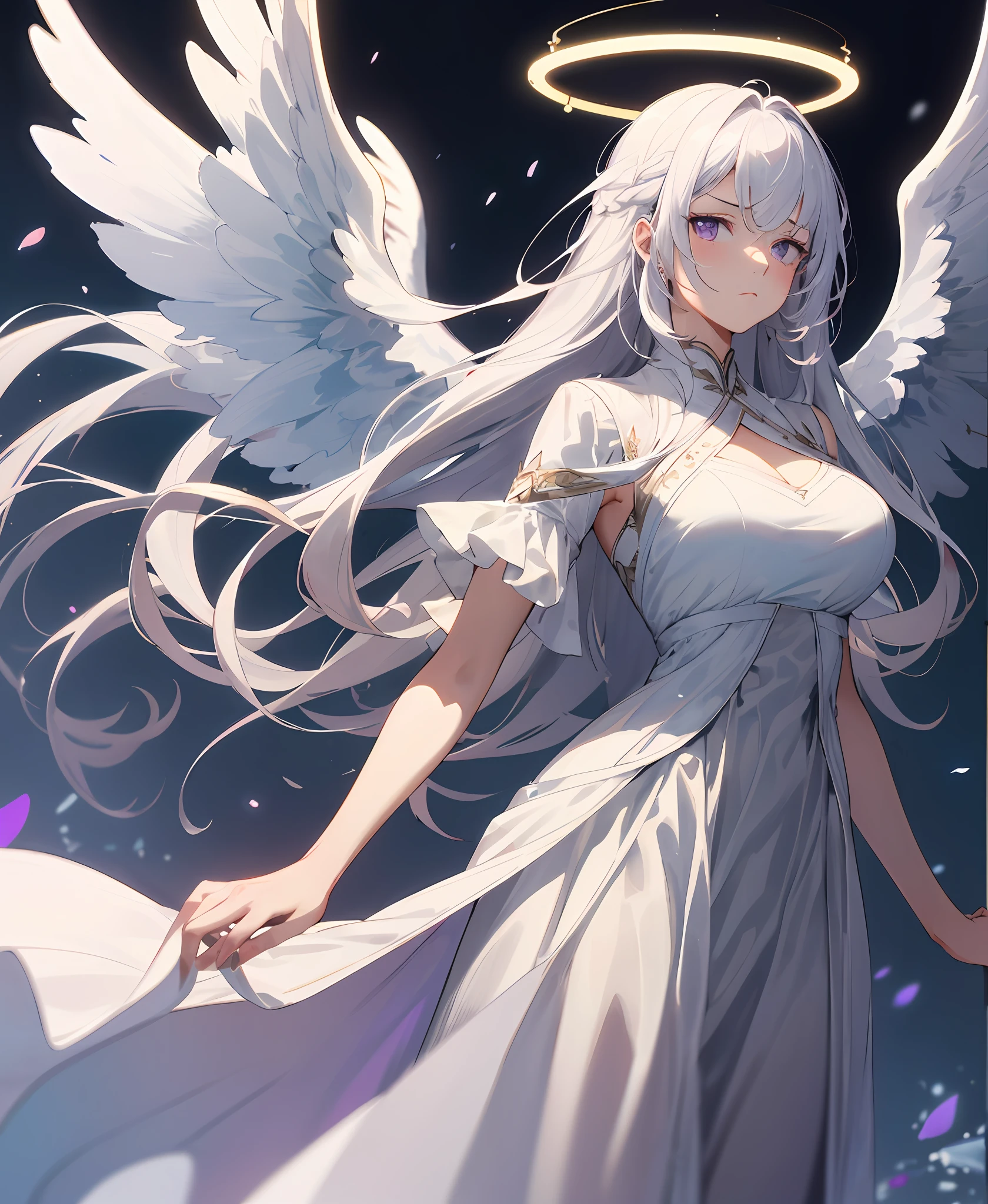(masterpiece, best quality, high quality), 1girl, ((unimpressed)), standing, looking at viewer, white hair, (long hair, disheveled hair), purple eyes, :(, flowing hair, halo, large wings, white dress, seen breast