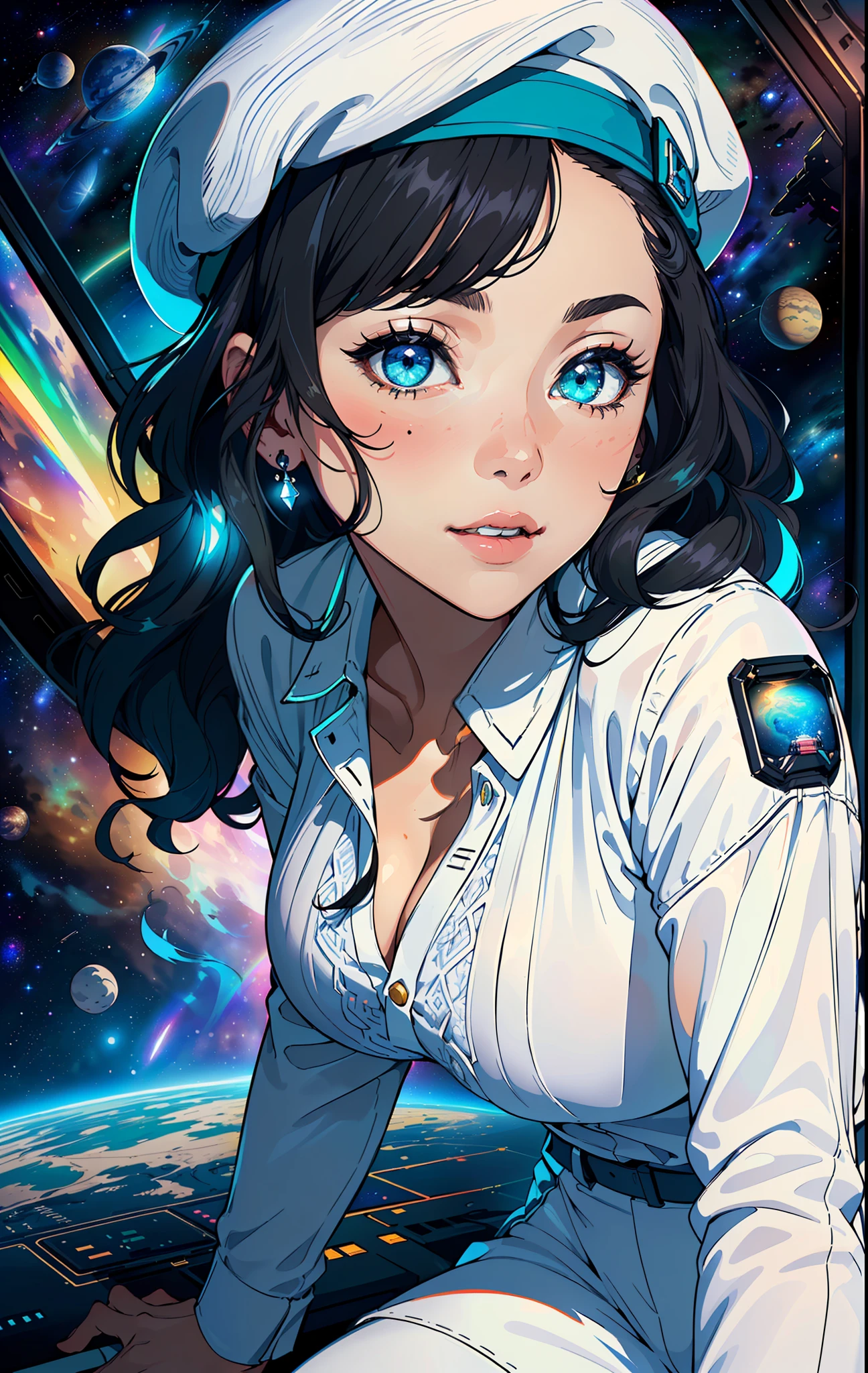 (((((ung woman))), the anime, Green eyes, (black hair), Nice face, ssmile, the perfect body, Wavy Hair, hairlong, (((morena))), big breastes, ((tmasterpiece, beste-Qualit)), illustartion, ультра детализированная 8k, Photorealistic, sharp-focus, higly detailed, Professional lighting, colorful details, Rainbow colors, Glowing, intricate detials, Vivid details, (white blouse), (Blue tunic), (white trousers), outer space, Planet, the stars, a space ship , Blue beret on his head, Shoes