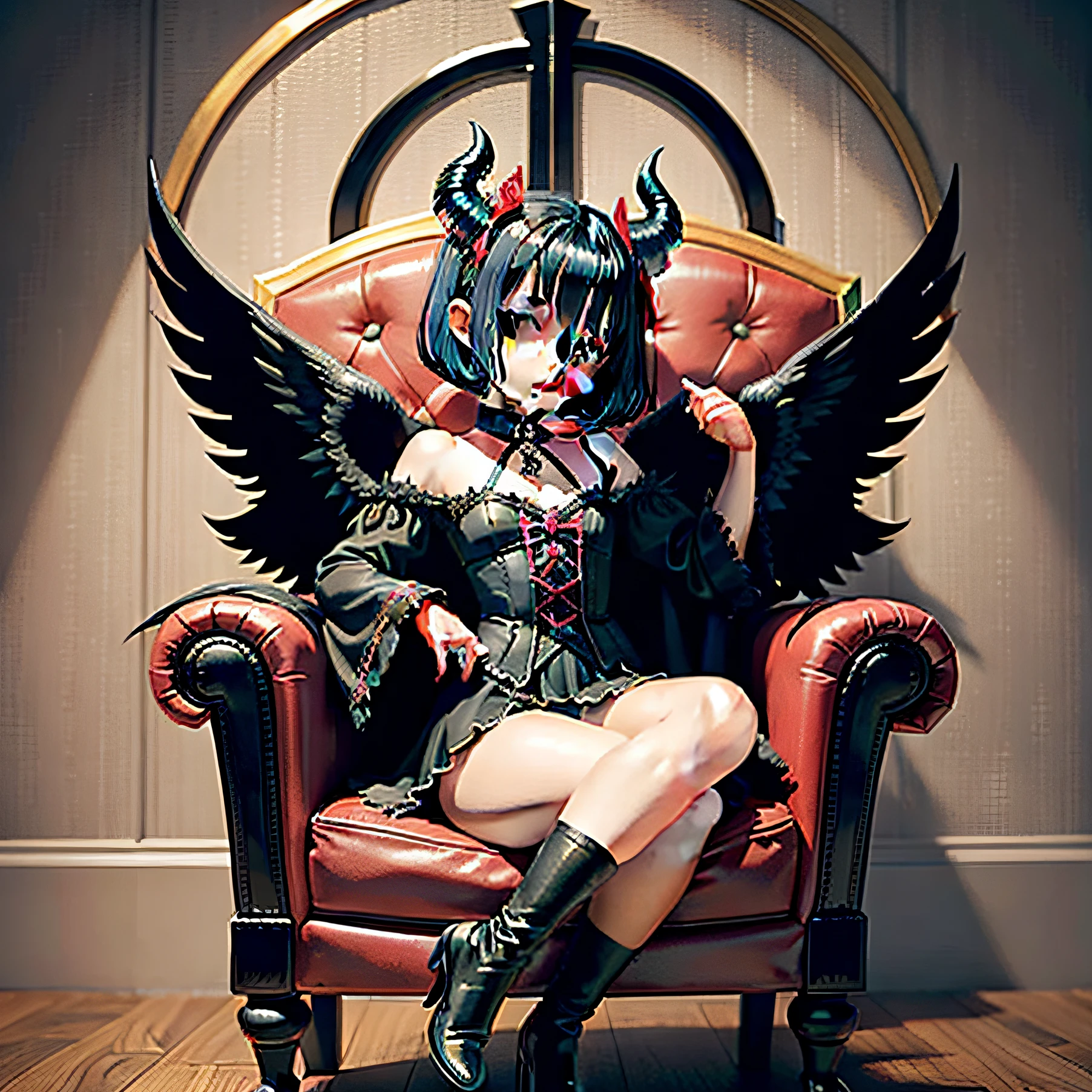 Lucifer's daughter,Fallen angel little girl,Ruby eyes,Little devil,with short black hair,Villain,The head has bizarre horns,Behind him is a demon tail,Three pairs of wings grow on the back,bloodthirsty,haughty,Huge scythe,Sitting on a throne, leaning over and gazing at the prey of the world