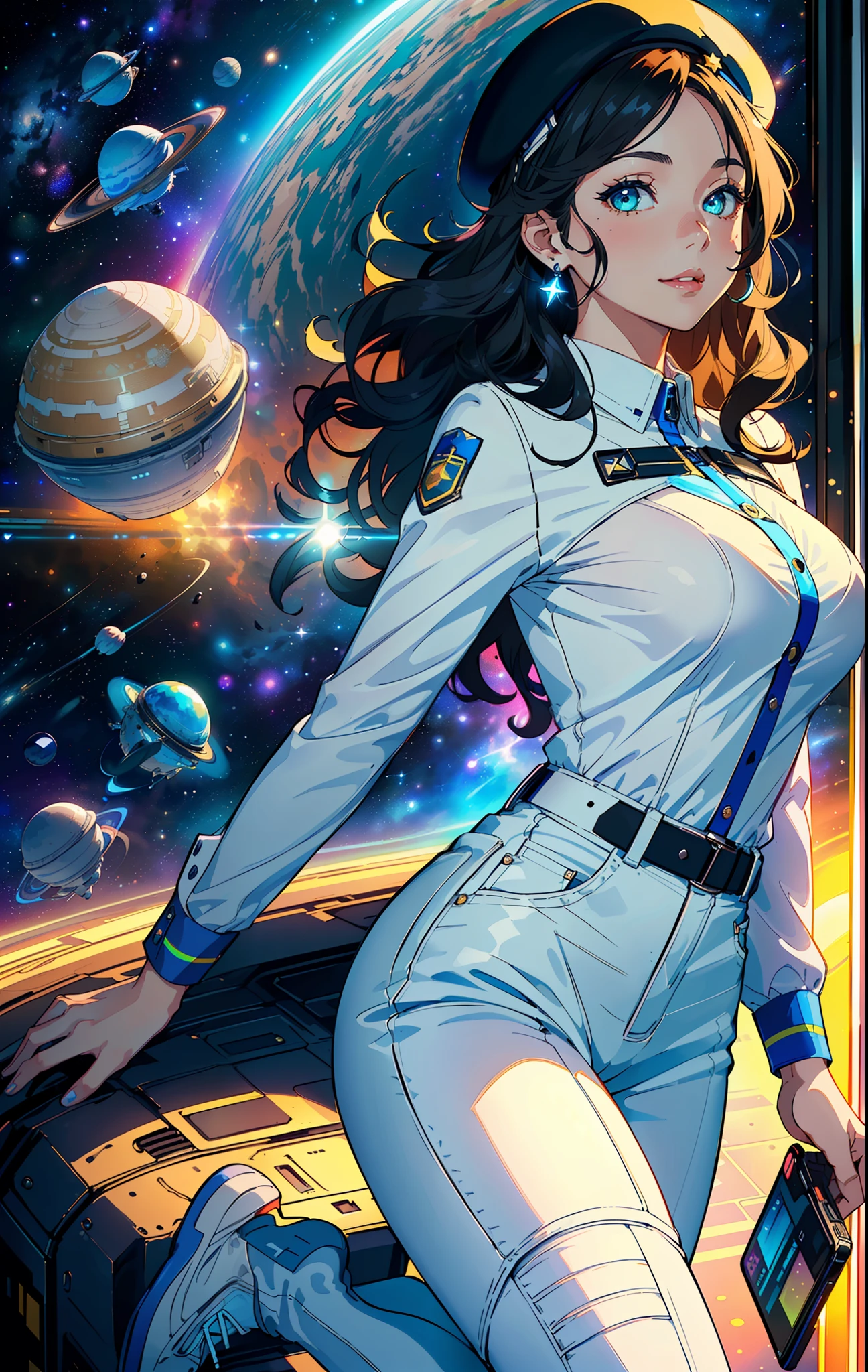 (((((1Young woman))), the anime, Green eyes, (black hair), Nice face, ssmile, the perfect body, Wavy Hair, hairlong, (((morena))), big breastes, ((tmasterpiece, beste-Qualit)), illustartion, ультра детализированная 8k, Photorealistic, sharp-focus, higly detailed, Professional lighting, colorful details, Rainbow colors, Glowing, intricate detials, Vivid details, (white blouse), (Blue tunic), (white trousers), outer space, Planet, the stars, a space ship , Blue beret on his head, Shoes