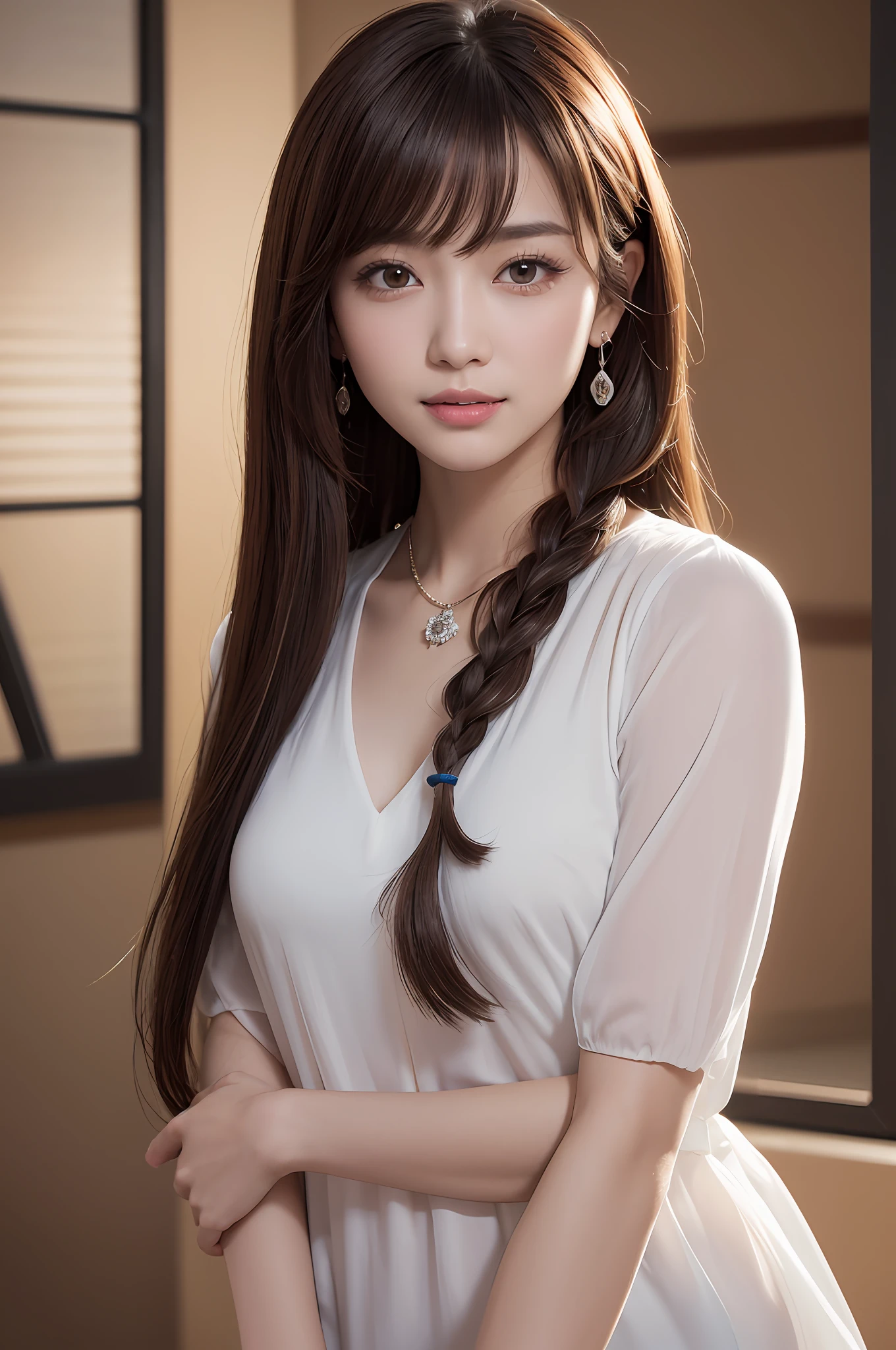 (Raw photo, Best Quality), (Realistic, photographrealistic: 1.3), Best Quality, Highly detailed, (Skin blemishes:1.2), (Skin Dentation), ultra-detailliert,Photorealsitic, masterpiece, 8K, hight resolution, facing each other2Woman of Man、17 age、Braided hair、blows wind、The upper part of the body_Body, Dynamic Angle, extremely detailed CG unified 8k wallpaper, inky, amazing, Movie Upper_Body, Dynamic Angle, blue-sky, TOKYOcty、Best Quality, movie lights, lens_f lare, dunhuang_Style, Detailed face, beautiful render of tang dynasty, (Intentional expression: 1. 5), Scar Floating , Sony Mastershot, inspired by Fei Danxu, brown hair and bangs, High-resolution screenshots,normal hands, Vivid colors, Full Face Shot of Limuru Tempest, Nice studio lighting, Beautiful Fine Face 、(Eyes Like Gems、Black eye、brown-eyed)、Sparkling eyes、(shorth hair)、brown haired、Floating hair、s lips、lipsticks、seducting smile、Floating hair、a smile、open_mouth、tusk、(White blouse without sleeves) 、gyuru、a necklace、 short-hair
