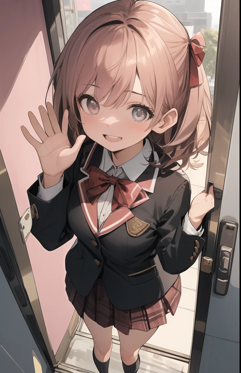 ,Highly detailed face, Well drawn hands, Well drawn legs,Well drawn feet,Well drawn eyes, 1girll,sobu high school uniform, Black blazer , White shirt, Red ribbon, Plaid skirts, Medium ass, One-handed straight,Held high,Waving in the air , at the doorstep of a school, pink door with a circular window, girl in between the door, Smiling, Open mouth, showing upper teeth, from front top view,