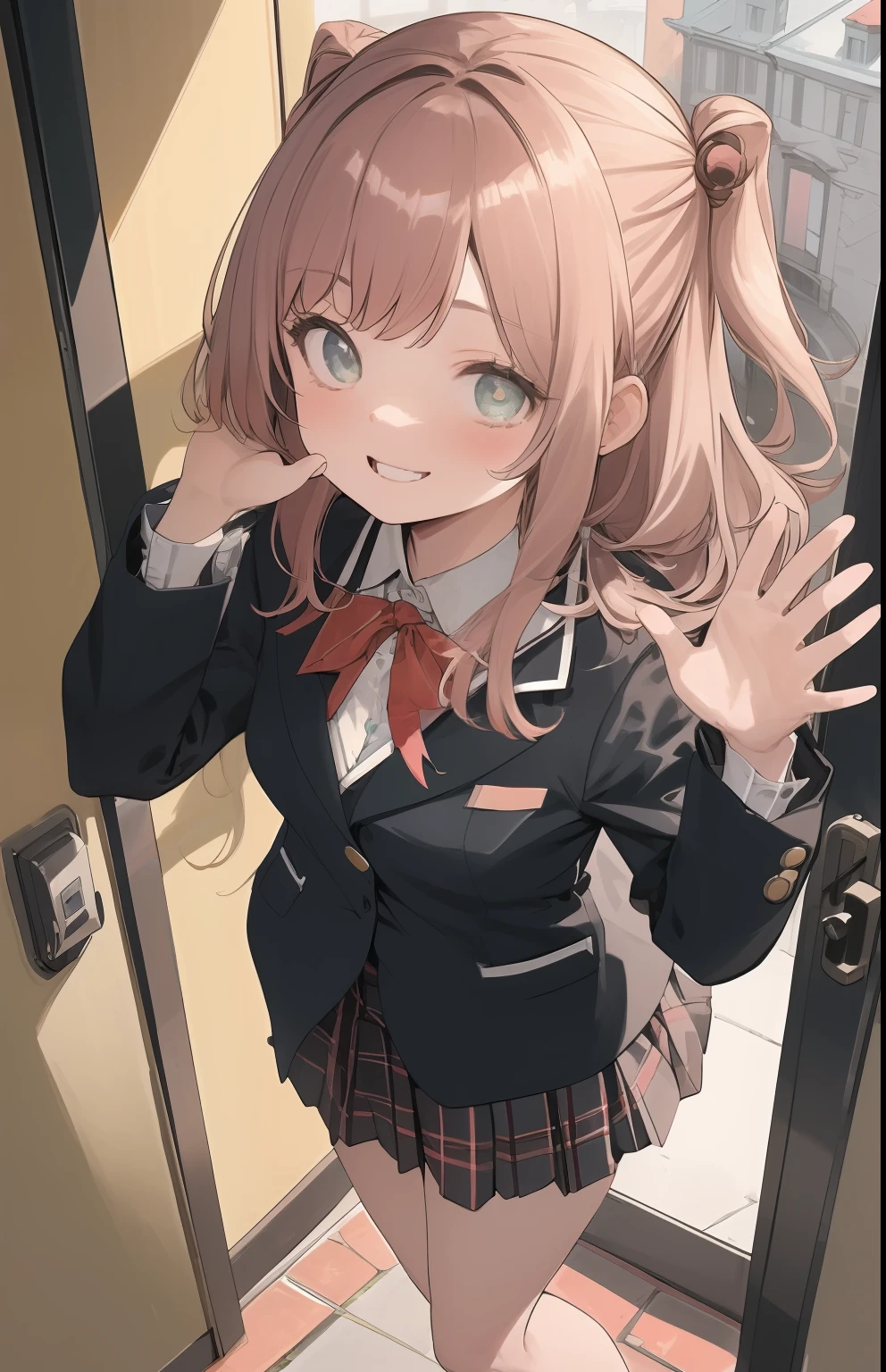 ,Highly detailed face, Well drawn hands, Well drawn legs,Well drawn feet,Well drawn eyes, 1girll,sobu high school uniform, Black blazer , White shirt, Red ribbon, Plaid skirts, Medium ass, One-handed straight，Held high，Waving in the air , at the doorstep of a school, pink door with a circular window, girl in between the door, Smiling, Open mouth, showing upper teeth, from front top view,