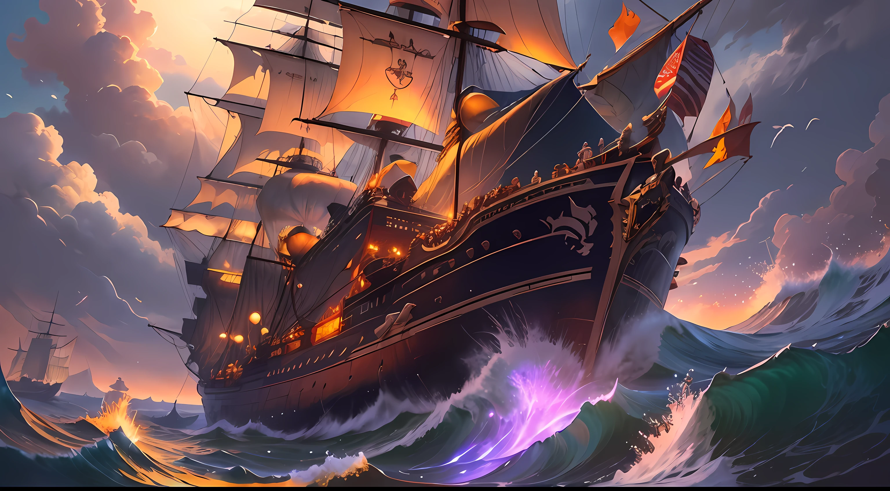 (A ship floating through the skies with intrepid pirates on board:1.2), led by a brave admiral in search of a legendary treasure at the end of the horizon.