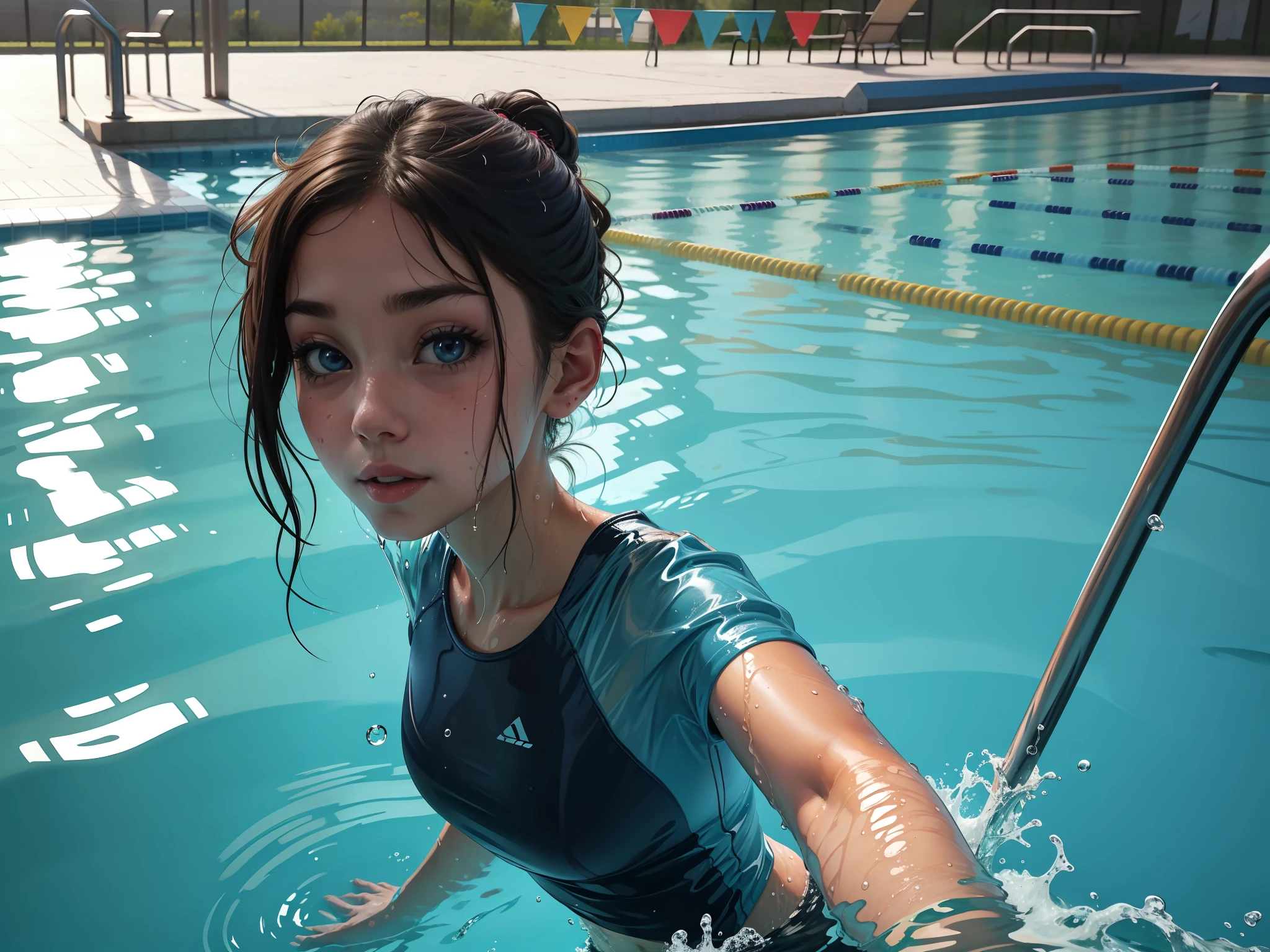 A girls with blue wet shirt, selfie photo, swimming pool background,