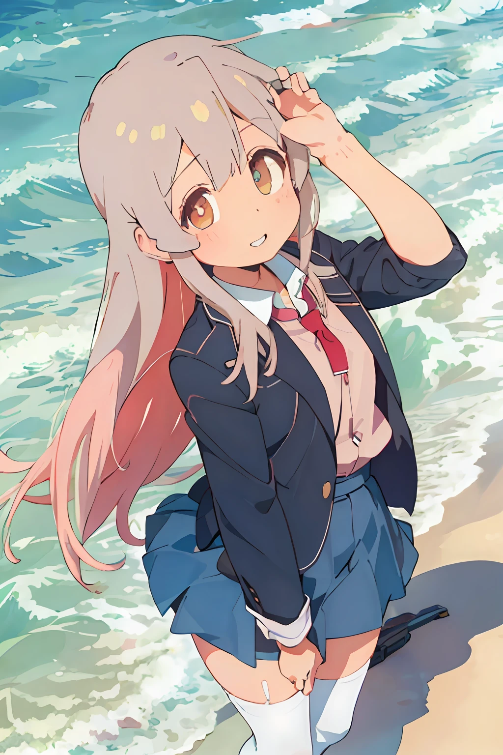 1girll, Beautiful detailed eyes, school uniform, High white stockings, Glossy glossy skin, Seaside, beach, Waves, High contrast, ((Masterpiece, Best quality))