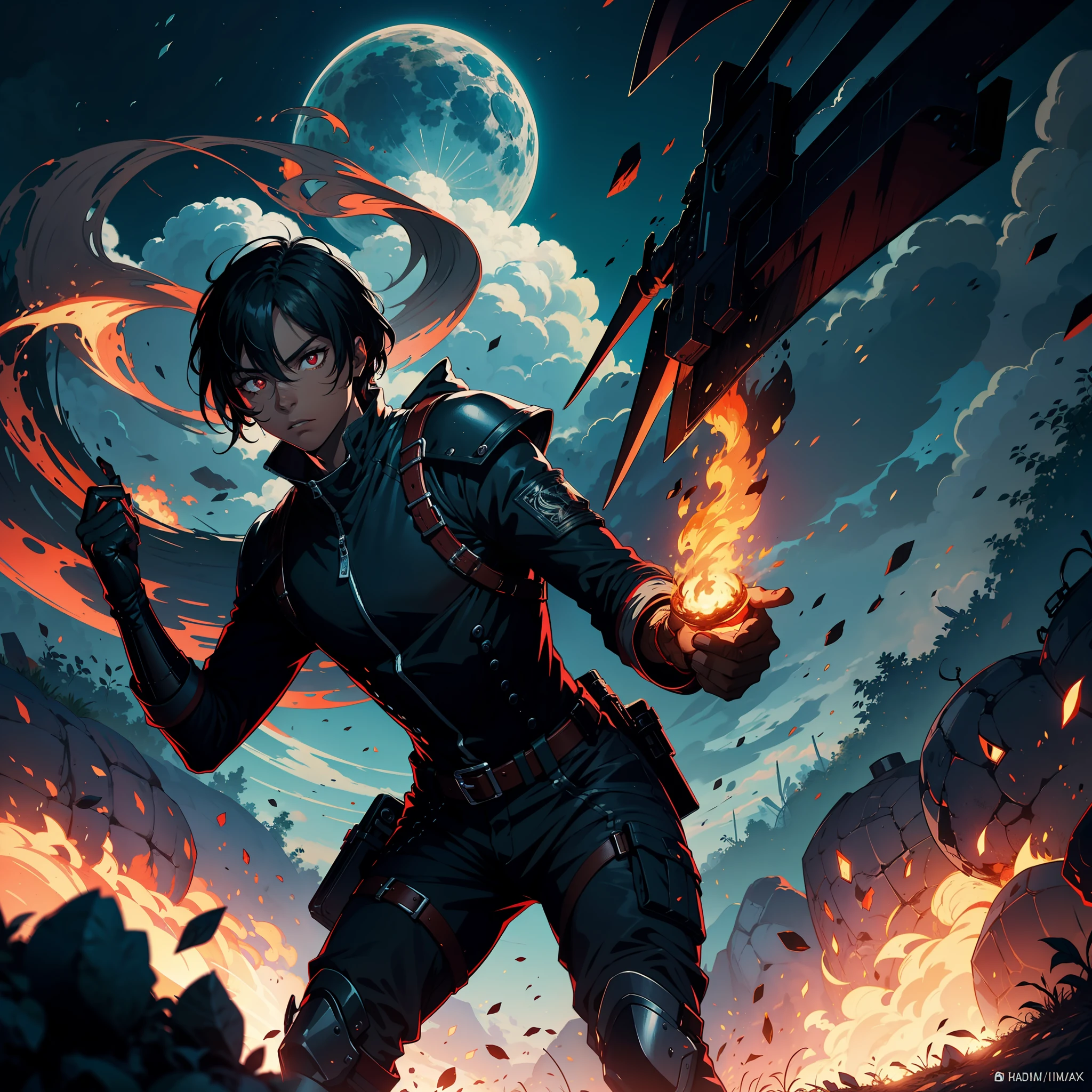 Criar uma personagem negro , com cabelo crespo , standingn , obra prima ,4k , empunhando uma espada de fogo , com uma armadura dourada, sem capacete, clearing blue sky , musculoso, red eyes with bleeding arm