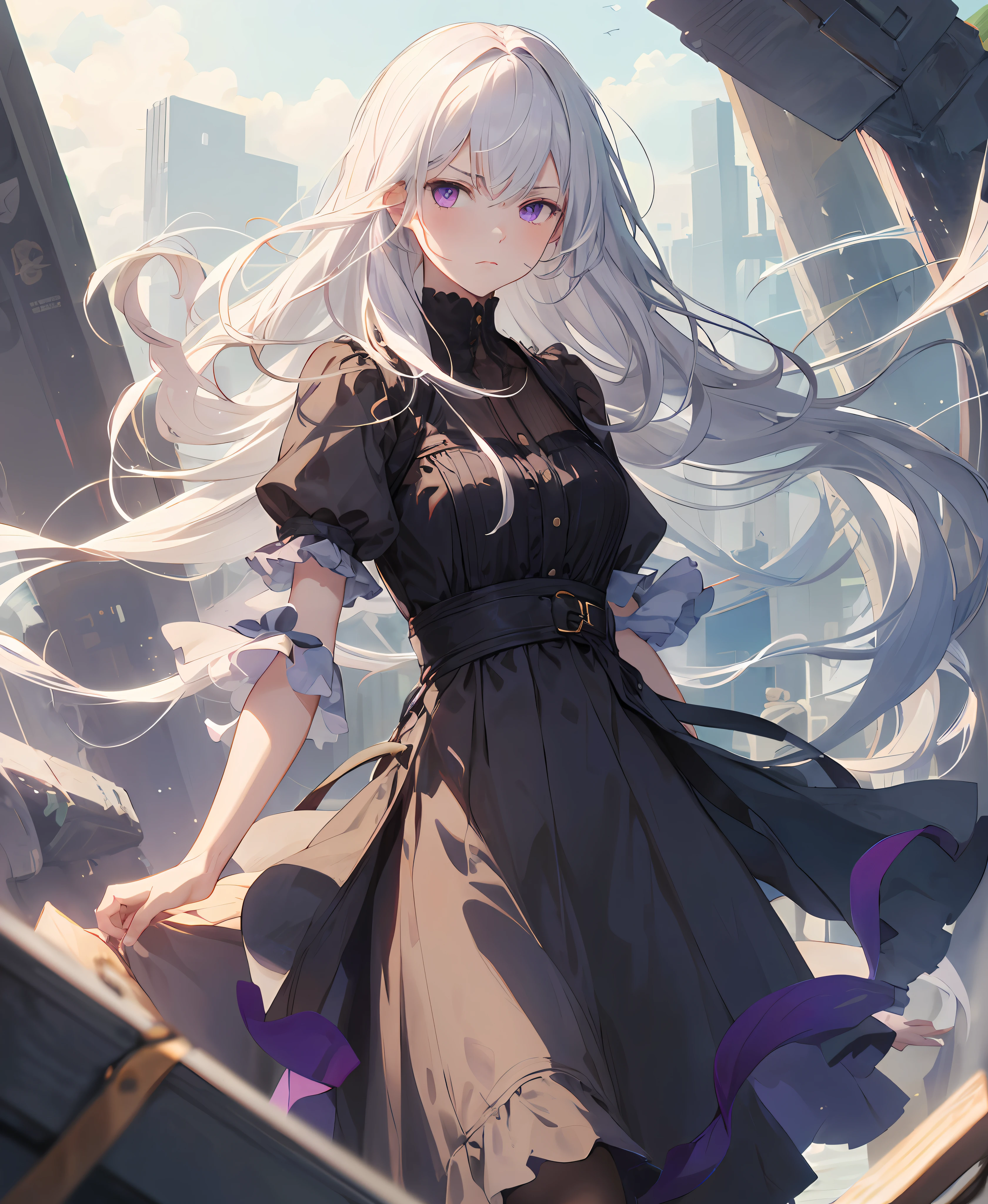 (masterpiece, best quality, high quality), 1girl, ((unimpressed)), standing, looking at viewer, white hair, (long hair, disheveled hair), purple eyes, :(, flowing hair