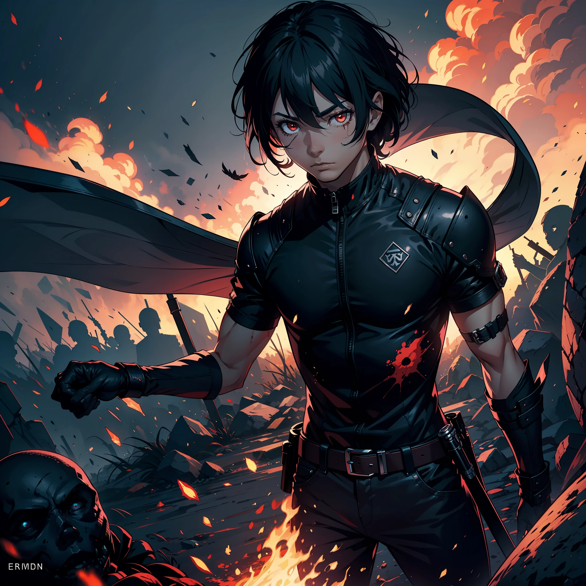 Criar uma personagem negro , com cabelo crespo , standingn , obra prima ,4k , empunhando uma espada de fogo , com uma armadura dourada, sem capacete, clearing blue sky , musculoso, red eyes with bleeding arm