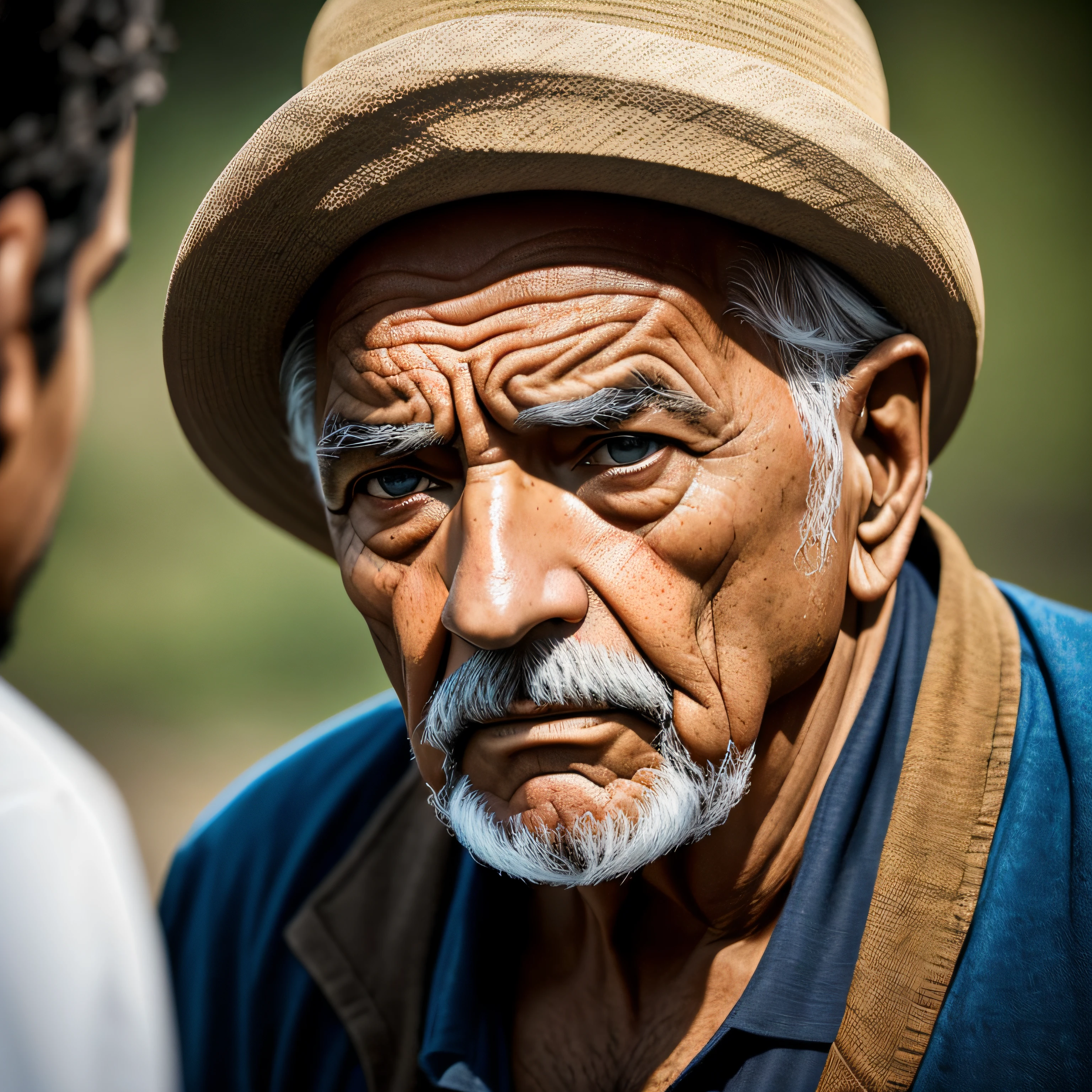 obra-prima, alto contraste, An old man, sentado numa cadeira, olhar sereno, expression of tired and obstinate, pele extremamente detalhada, tristeza, pele morena, hopelessness, olhos belos e turvos, Portrait angle, (foco nítido:1.2) estilo cinema, -auto; (sombras profundas:1.1), alto contraste, absurdres, 8k, (alta qualidade: 1.3),, artstation hd, arte conceitual, rosto e corpo detalhados, fotografia premiada, (grumpy lighting:1.2), profundidade de campo, bokeh, 4K, HDR --auto