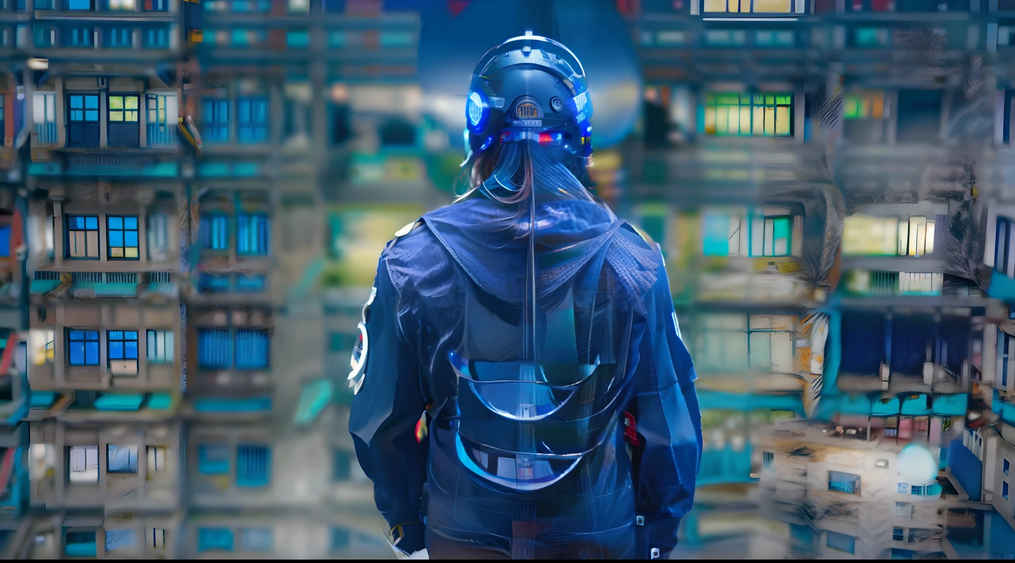 ultra-realista, homem, cidade ao fundo, standing looking at the city from atop a building, futurista, mochila nas costas, Cybernetic helmet, noite, Mystery weather, Blue setting, --q2