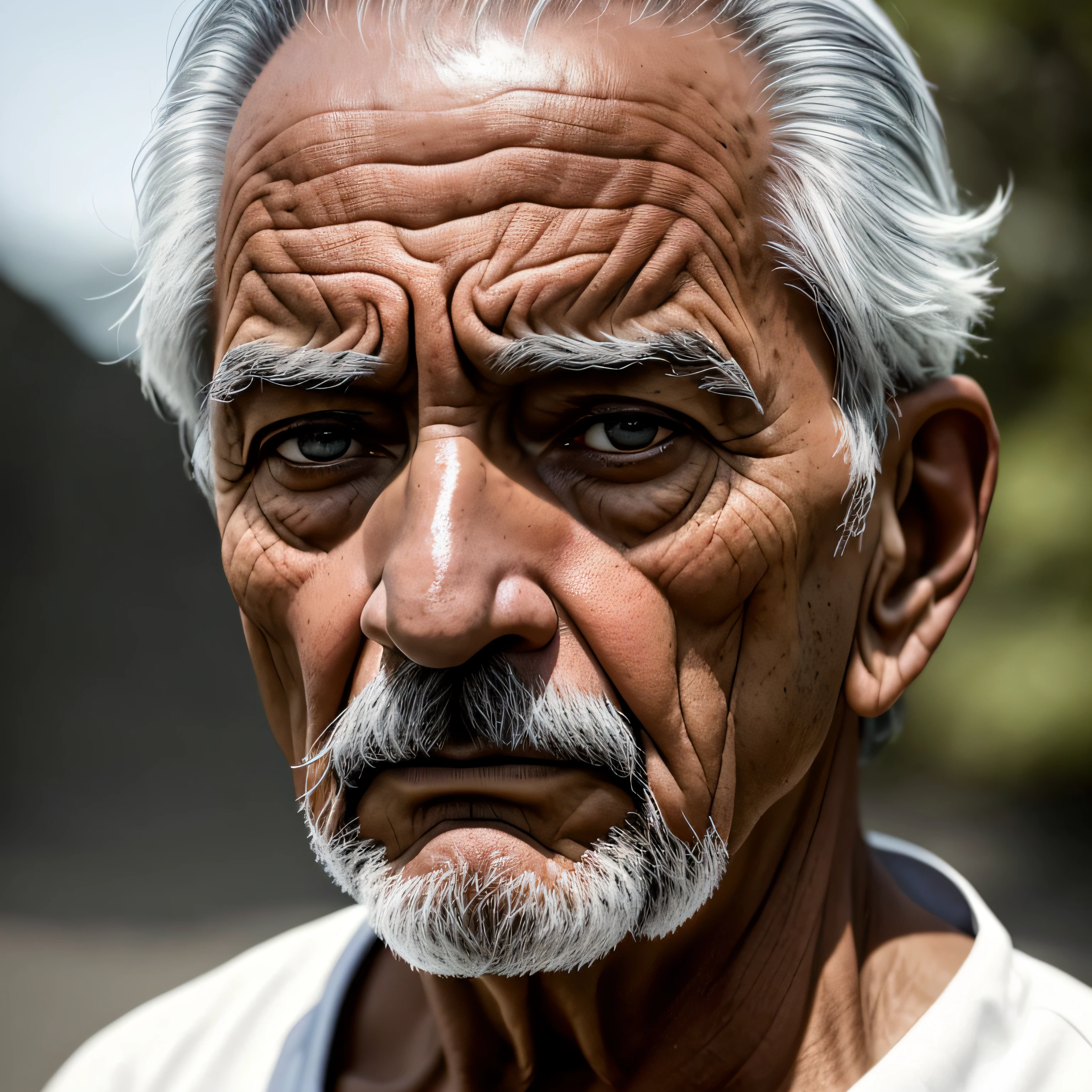 obra-prima, alto contraste, An old man, sentado numa cadeira, olhar sereno, expression of tired and obstinate, pele extremamente detalhada, tristeza, pele morena, hopelessness, olhos belos e turvos, Portrait angle, (foco nítido:1.2) estilo cinema, -auto; (sombras profundas:1.1), alto contraste, absurdres, 8k, (alta qualidade: 1.3),, artstation hd, arte conceitual, rosto e corpo detalhados, fotografia premiada, (grumpy lighting:1.2), profundidade de campo, bokeh, 4K, HDR --auto