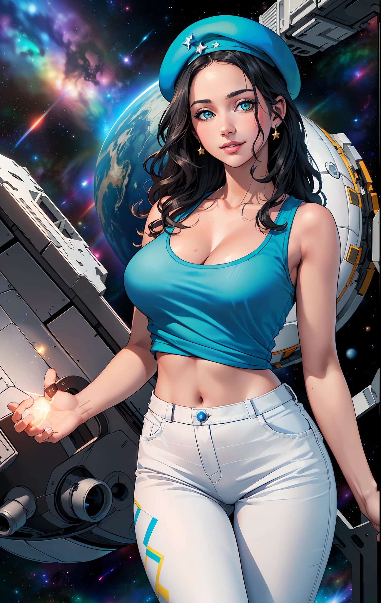 (((((1Young woman))), the anime, Green eyes, (black hair), Nice face, ssmile, the perfect body, Wavy Hair, hairlong, (((morena))), big breastes, ((tmasterpiece, beste-Qualit)), illustartion, ультра детализированная 8k, Photorealistic, sharp-focus, higly detailed, Professional lighting, colorful details, Rainbow colors, Glowing, intricate detials, Vivid details, (white tanktop), (Blue tunic), (white trousers), outer space, Planet, the stars, a space ship , ("Blue Beret"),  White boots