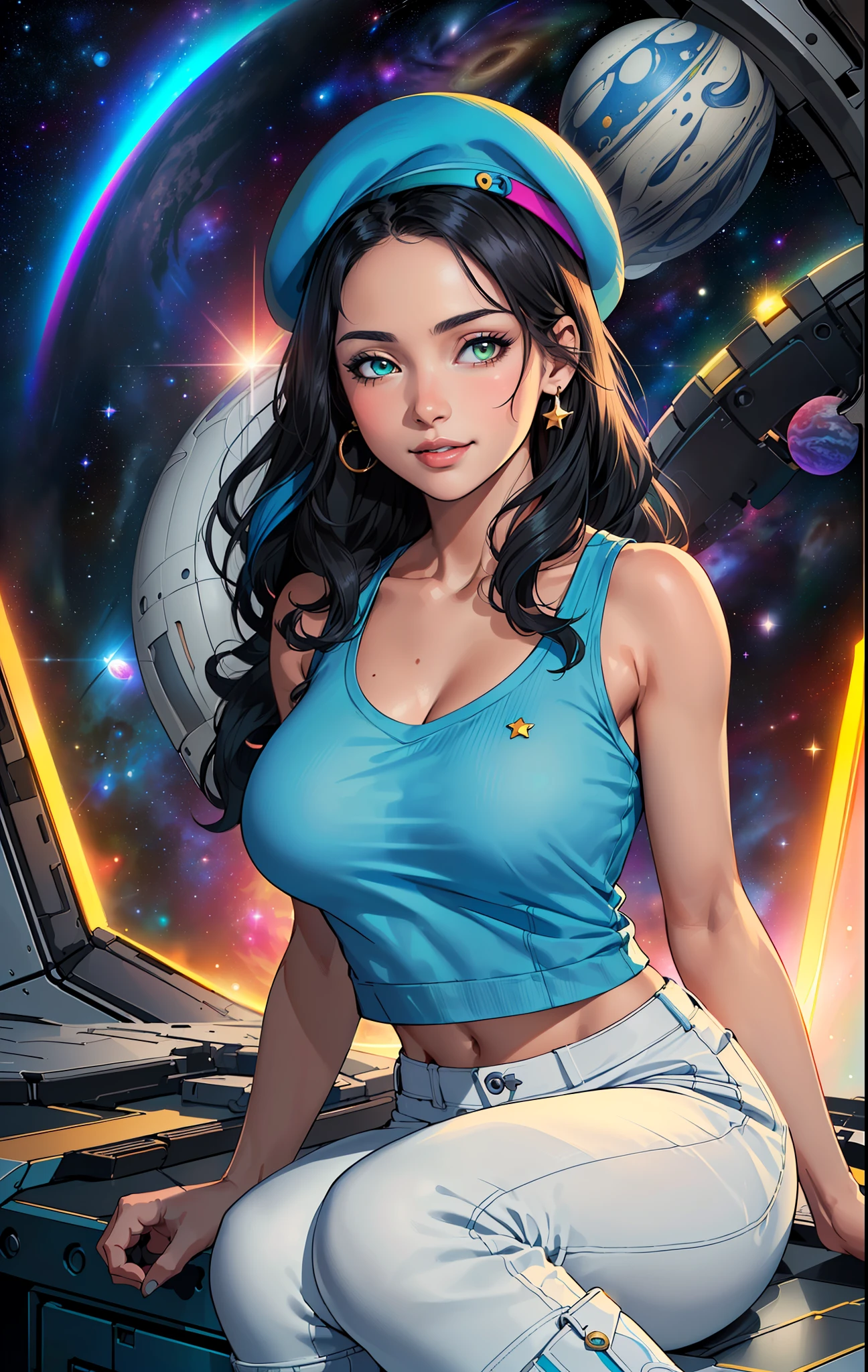 (((((***ung woman))), the anime, Green eyes, (black hair), Nice face, ssmile, the perfect body, Wavy Hair, hairlong, (((morena))), big breastes, ((tmasterpiece, beste-Qualit)), illustartion, ультра детализированная 8k, Photorealistic, sharp-focus, higly detailed, Professional lighting, colorful details, Rainbow colors, Glowing, intricate detials, Vivid details, (white tanktop), (Blue tunic), (white trousers), outer space, Planet, the stars, a space ship , ("Blue Beret"),  White boots