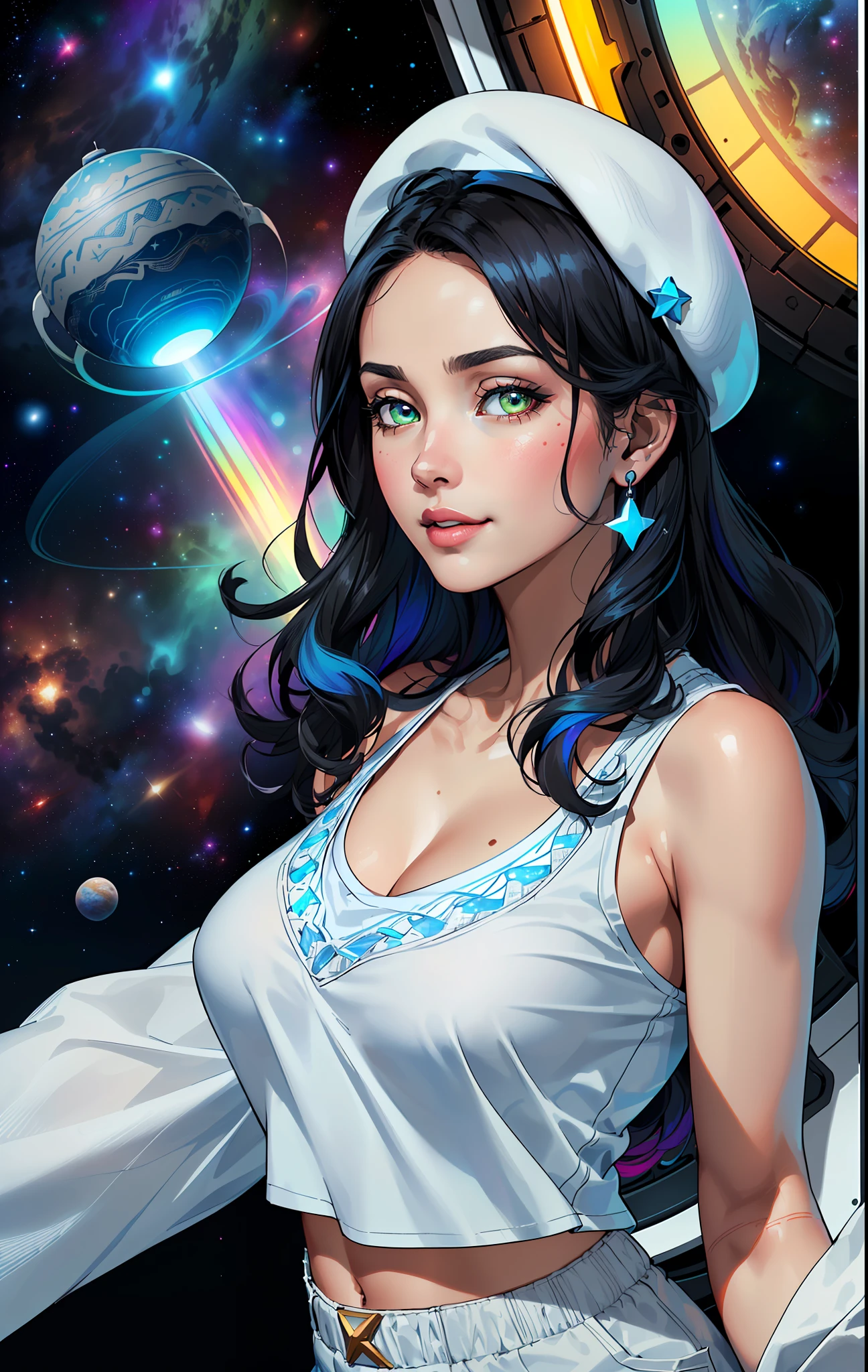 (((((1Young woman))), the anime, (The eyes are green), (black hair), Nice face, ssmile, the perfect body, Wavy Hair, hairlong, (((morena))), big breastes, scarlet lips, ((tmasterpiece, beste-Qualit)), illustartion, ультра детализированная 8k, Photorealistic, sharp-focus, higly detailed, Professional lighting, colorful details, Rainbow colors, Glowing, intricate detials, Vivid details, (white tanktop), (Blue tunic), (white trousers), outer space, Planet, the stars, a space ship , ("Blue Beret"),  White boots