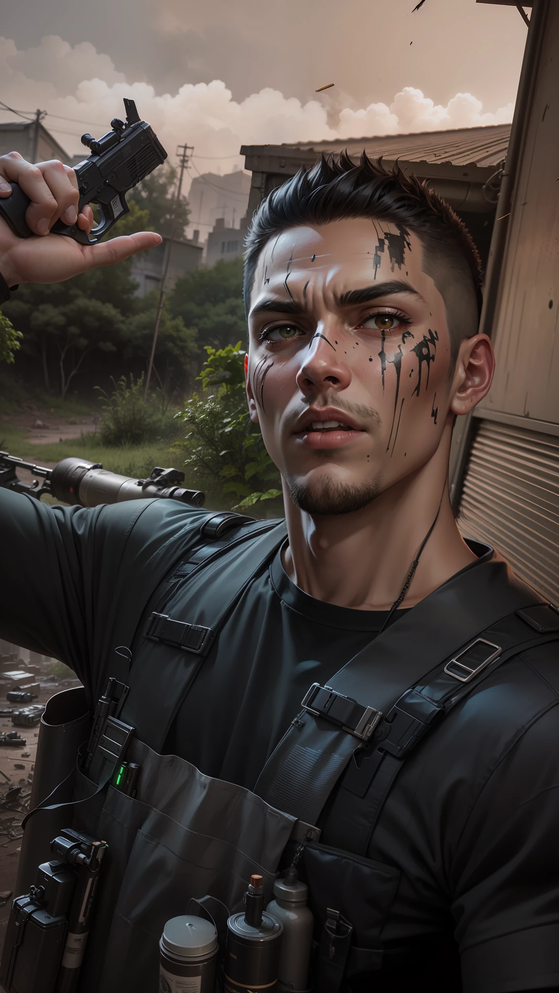 masterpiece, best quality, anime style, manga style, 30 years man, warrior, post apocalyptic, cyberpunk, futuristic, cyborg, gun,injured, war face paint,explosions in the background, special force