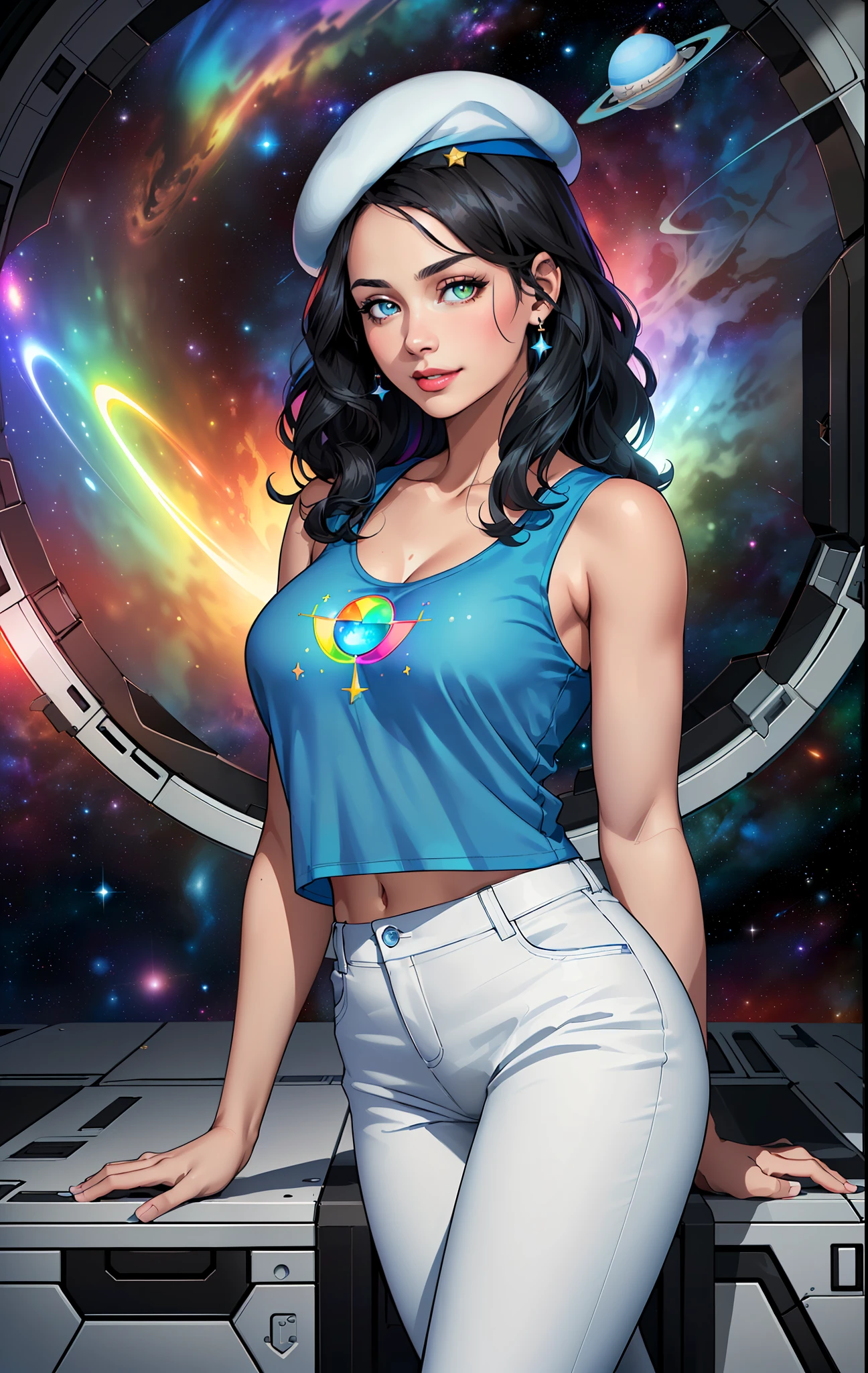 (((((1Young woman))), the anime, (The eyes are green), (black hair), Nice face, ssmile, the perfect body, Wavy Hair, hairlong, (((morena))), big breastes, scarlet lips, ((tmasterpiece, beste-Qualit)), illustartion, ультра детализированная 8k, Photorealistic, sharp-focus, higly detailed, Professional lighting, colorful details, Rainbow colors, Glowing, intricate detials, Vivid details, (white tanktop), (Blue tunic), (white trousers), outer space, Planet, the stars, a space ship , ("Blue Beret"), White boots