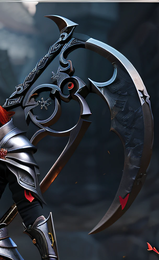 There is a woman in armor holding a large sword and a shield, foice fantasia, foice enorme, 4K fantasia detalhe, wow 4 k fantasia detalhe, Katarina, de League of Legends, personagem de fantasia octane render, com espada grande, segurando uma foice, dramatic wielding sword pose, Vencedor do Concurso Zbrush Central, epic fantasy weapon art, female redhead templar