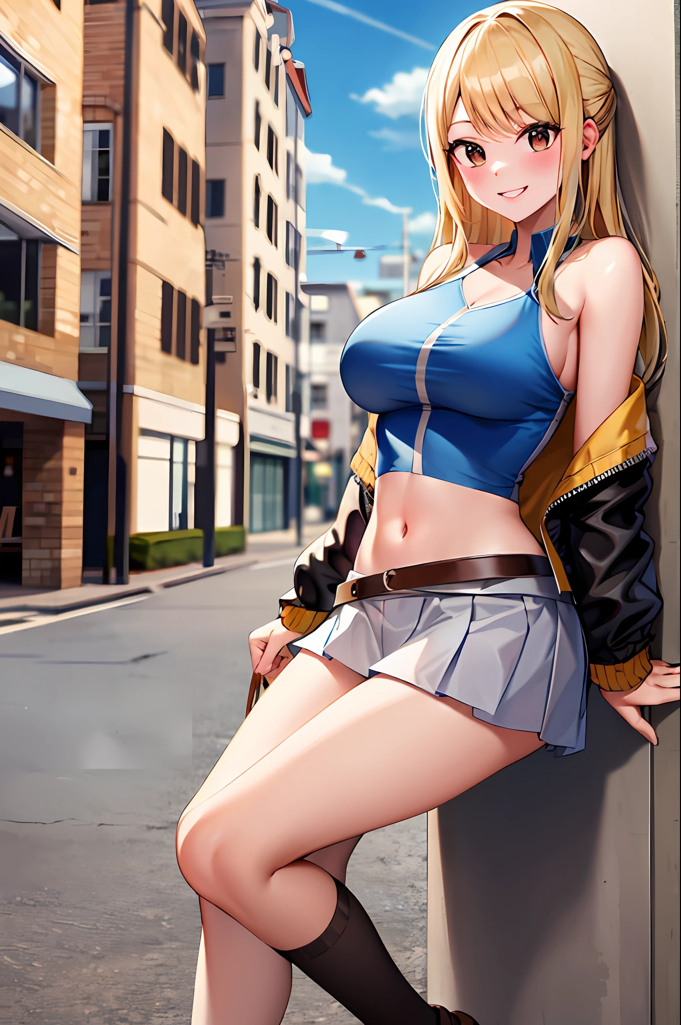 masterpiece, best quality, highres, lucy heartfilia, blonde hair, long hair, large breasts, jacket, crop top, bare shoulder, show stomach, belt, pleated skirt, cowboy shot, standing, looking at viewer, city road, outdoor, modern city road, blush, shy, smile, show teeth, stocking,